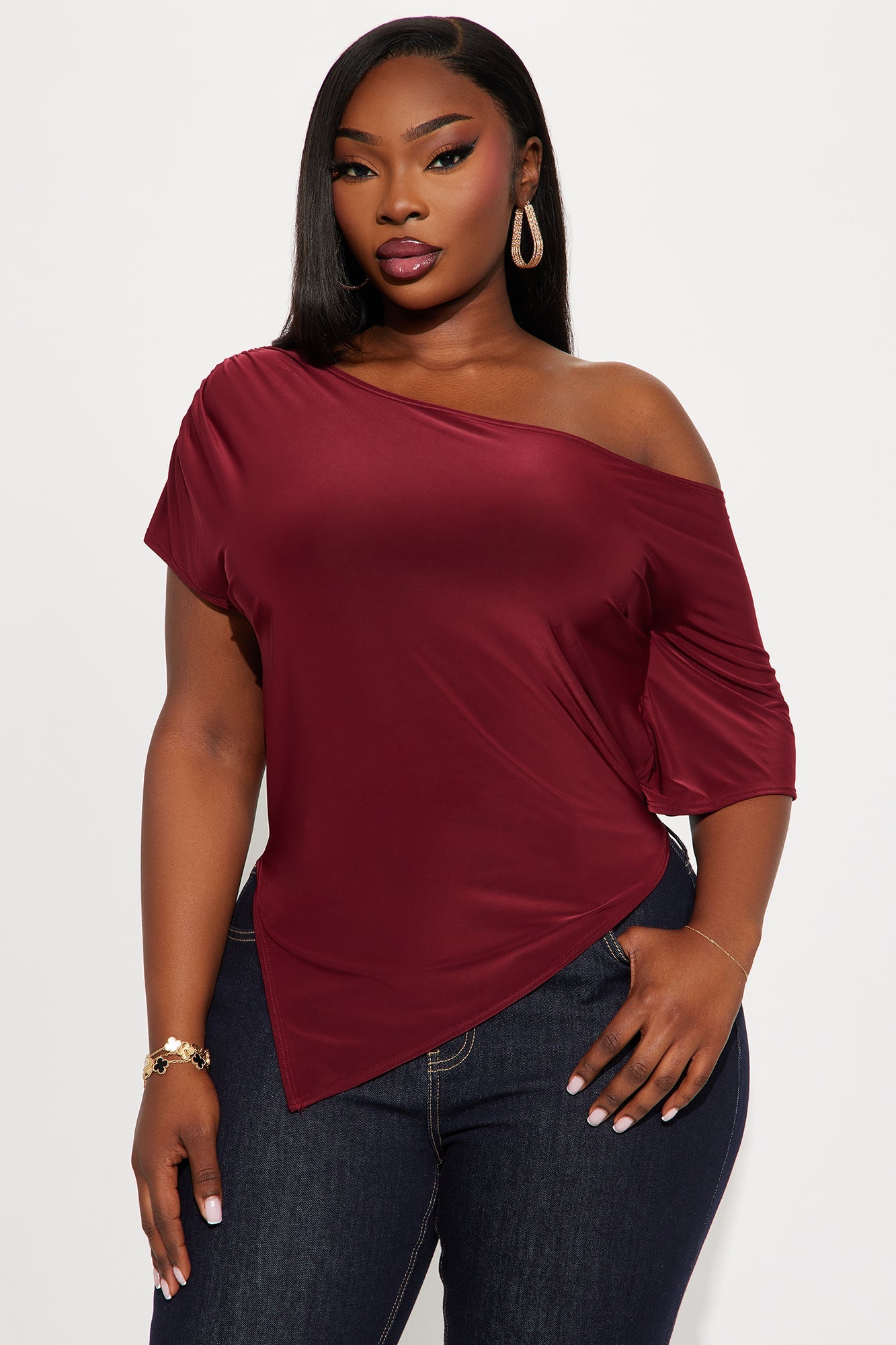 Jade Asymmetrical Off Shoulder Top - Burgundy