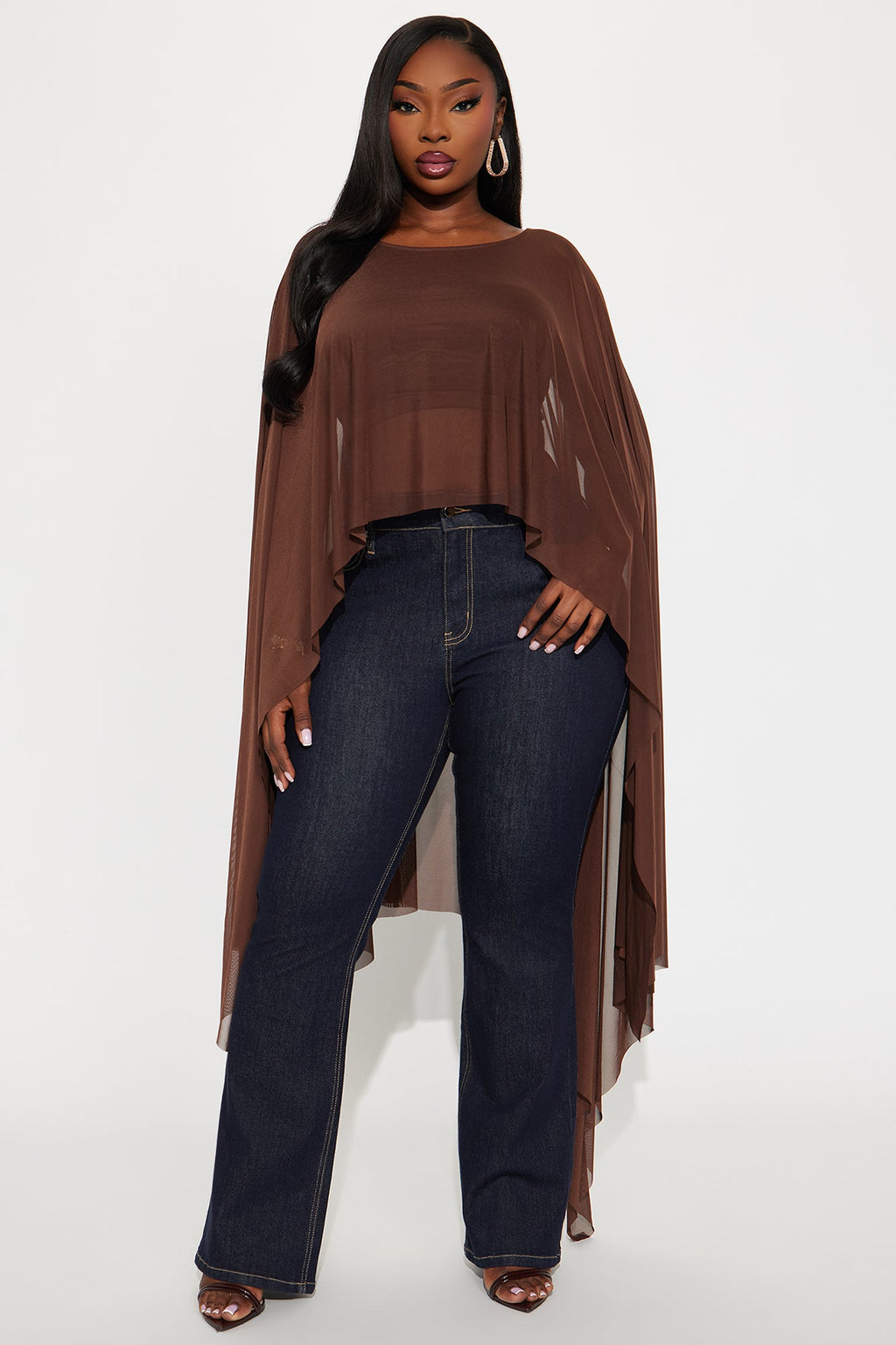 Itri High Low Draped Mesh Top - Chocolate