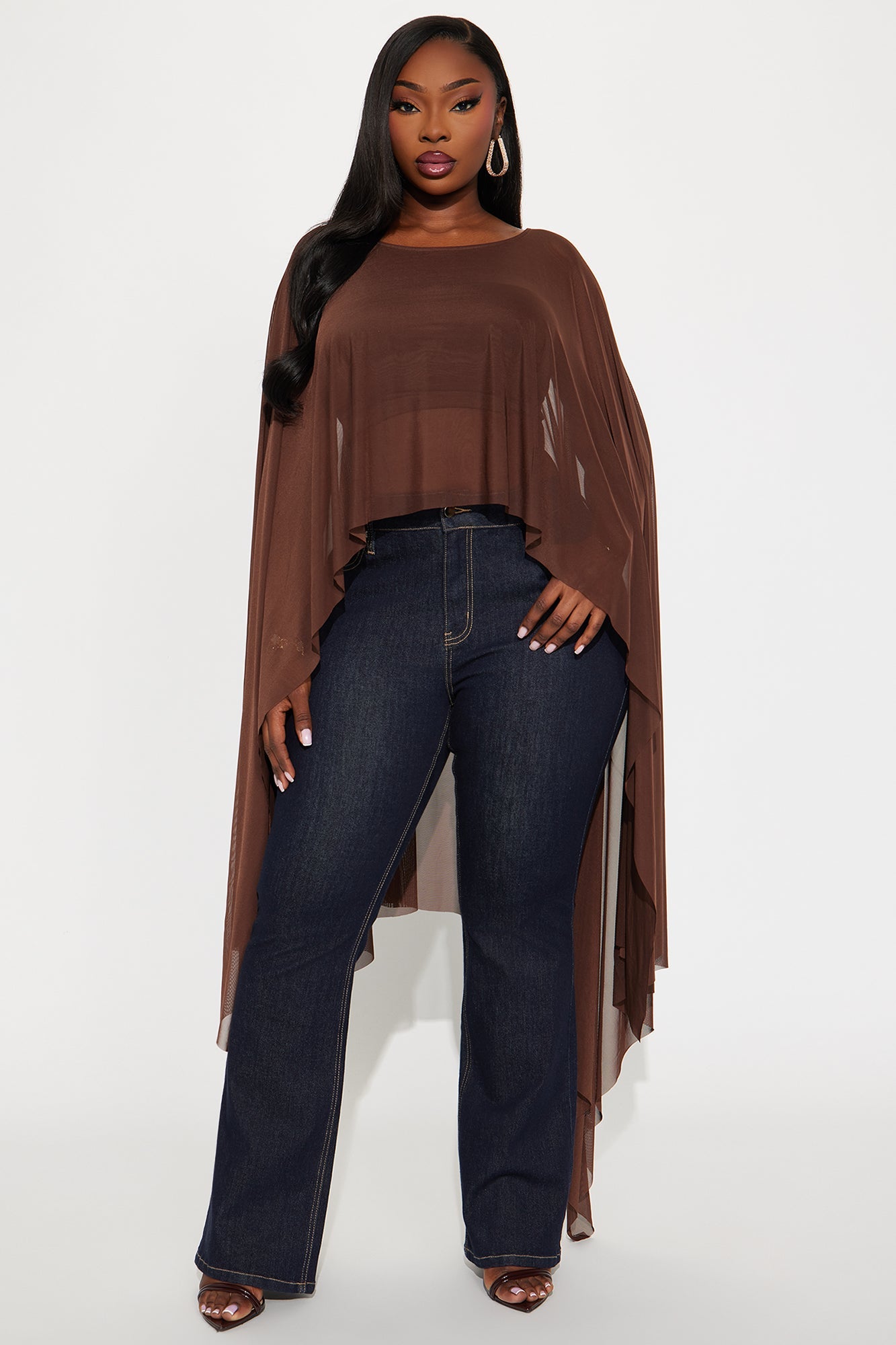 Itri High Low Draped Mesh Top - Chocolate