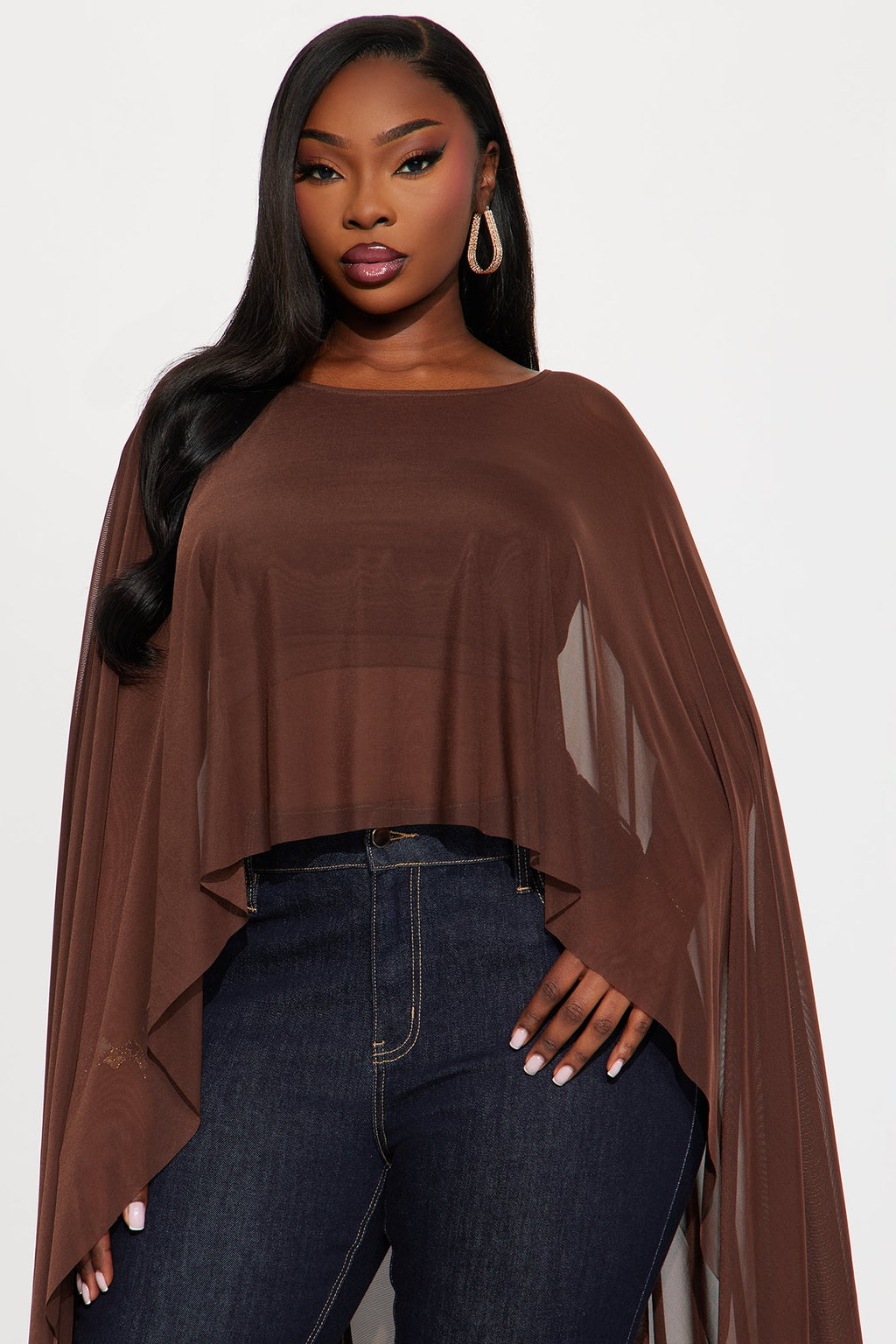 Itri High Low Draped Mesh Top - Chocolate