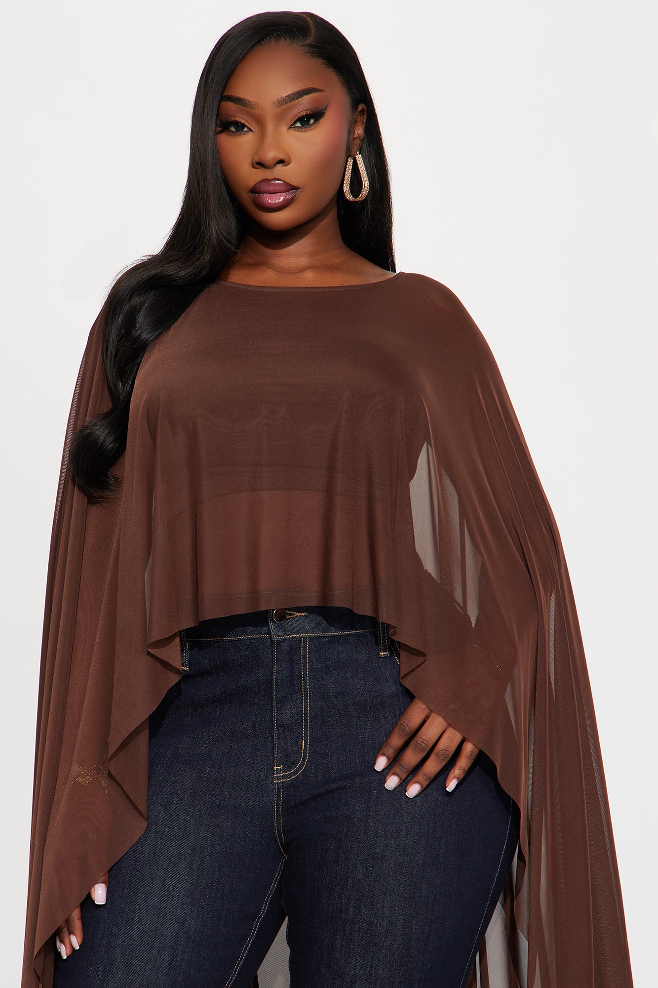 Itri High Low Draped Mesh Top - Chocolate