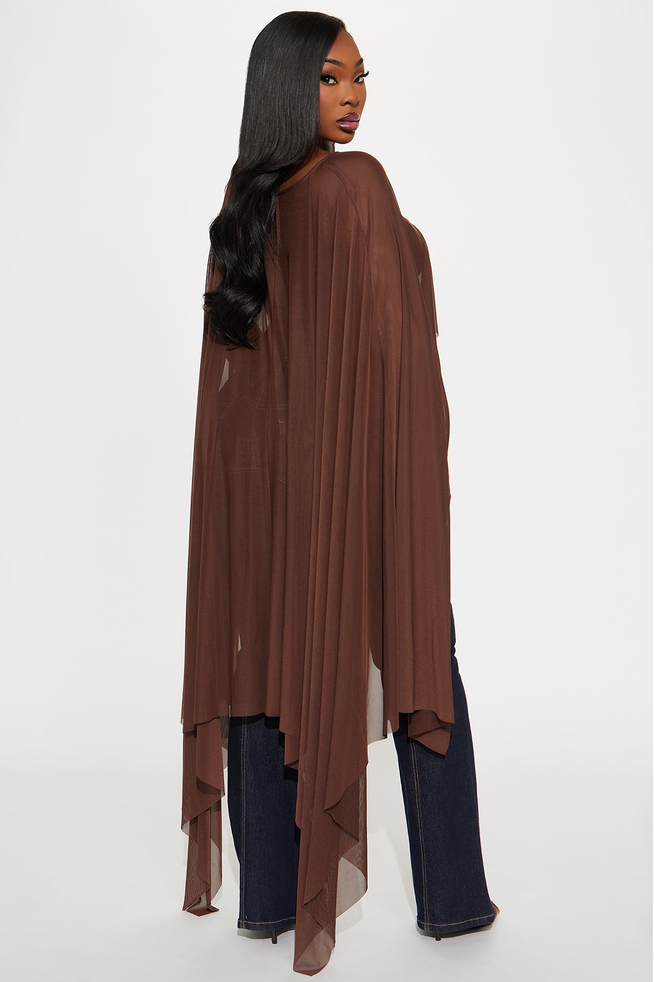 Itri High Low Draped Mesh Top - Chocolate