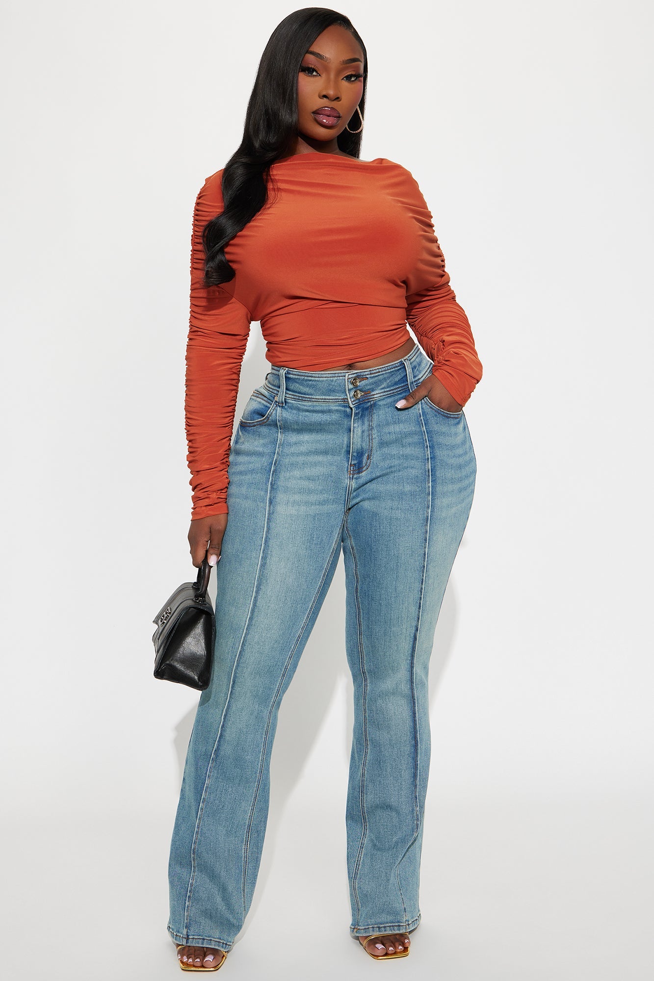 Maggie Long Sleeve Ruched Off Shoulder Top - Rust