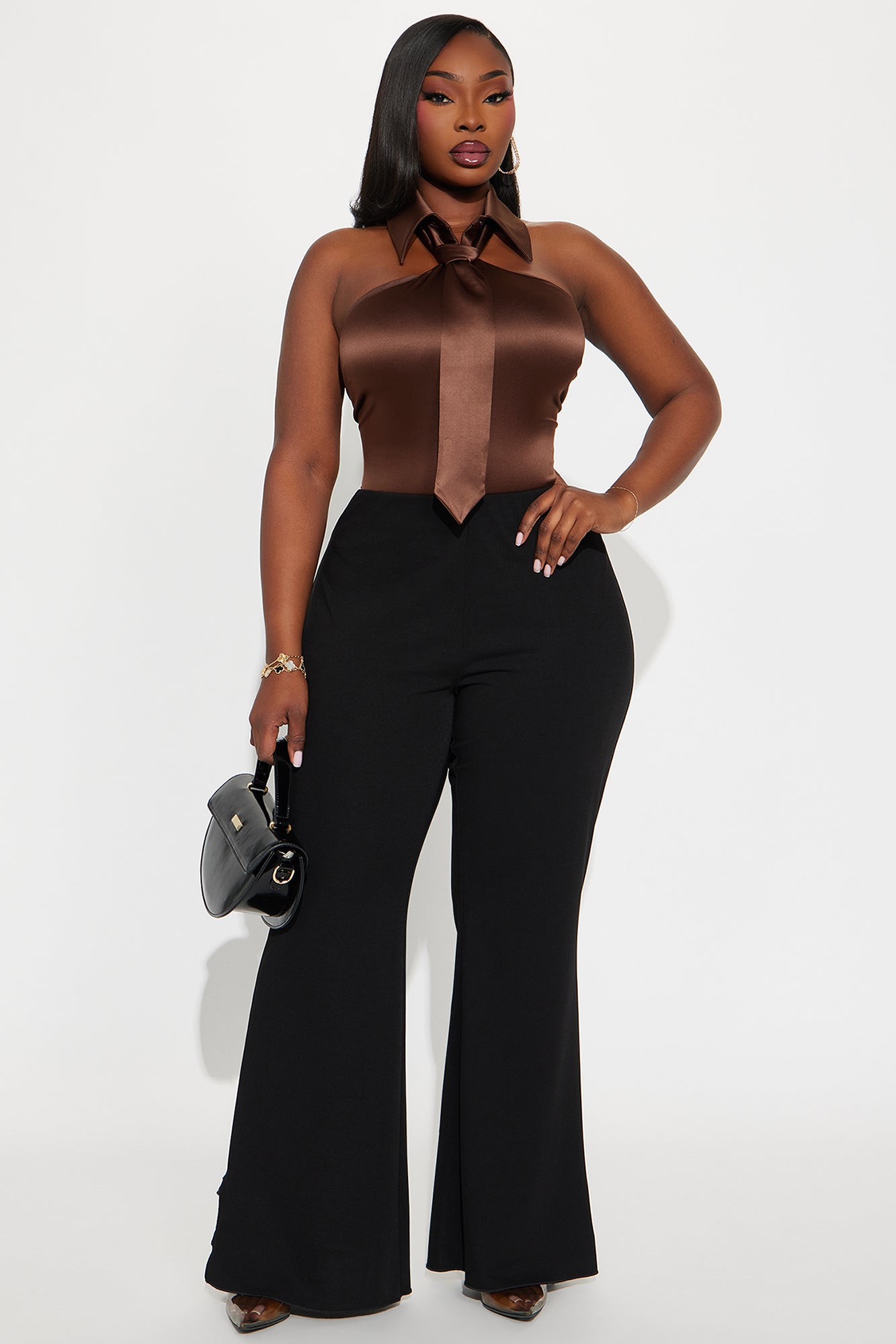 Office Edition Neck Tie Satin Blouse - Chocolate