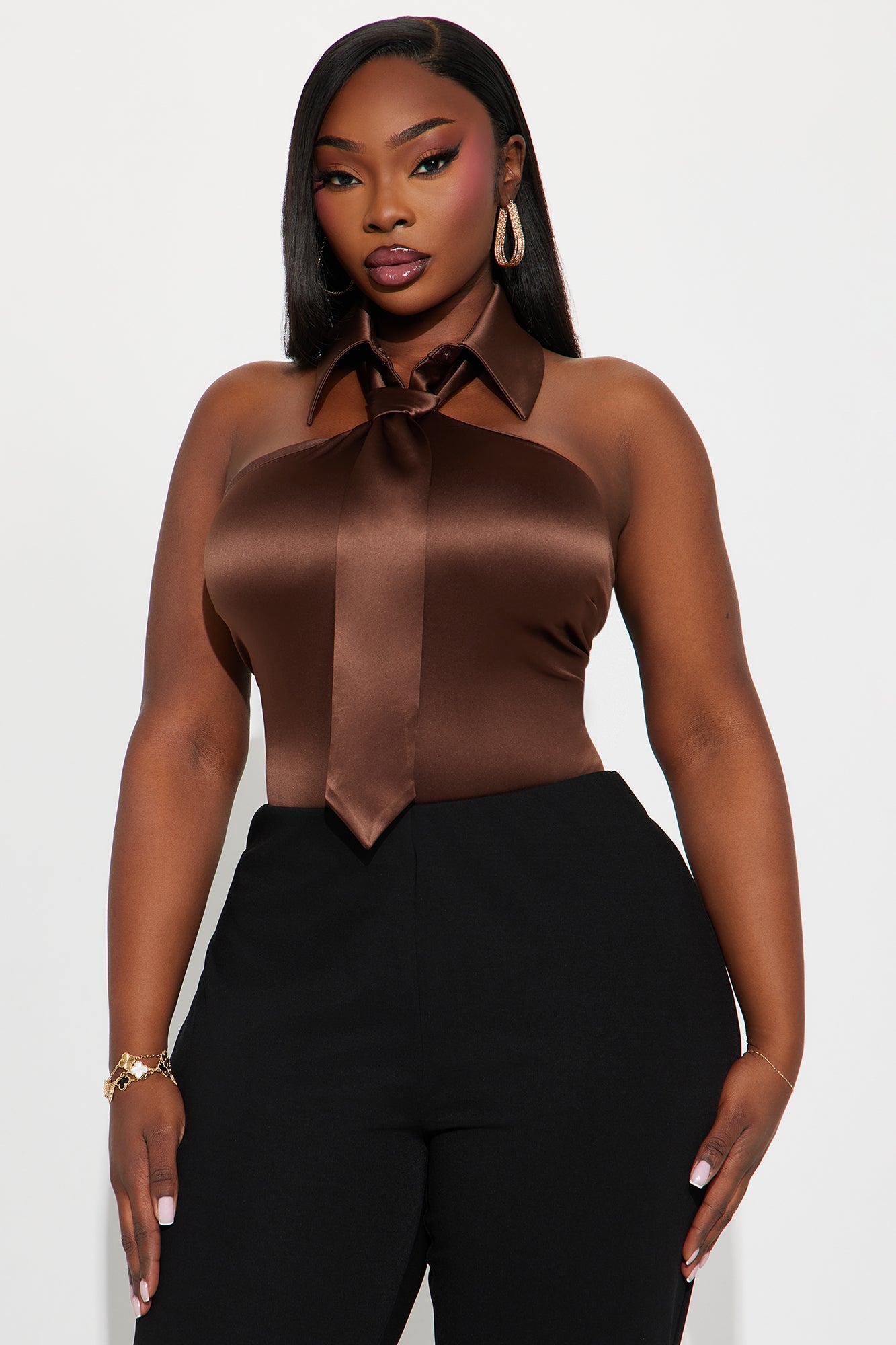 Office Edition Neck Tie Satin Blouse - Chocolate