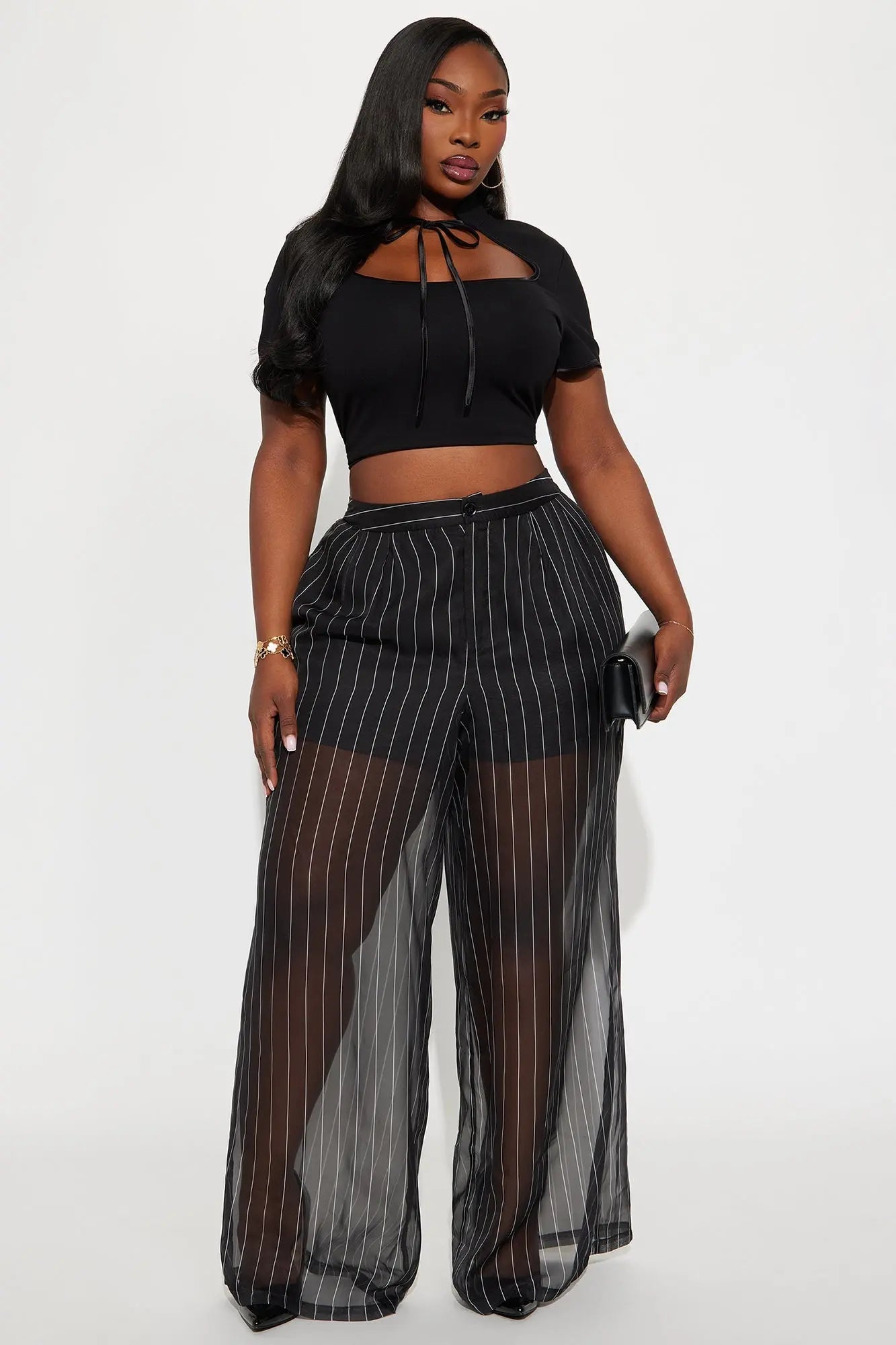 Hollie Pinstripe Organza Pants 33″ - Black/White 
