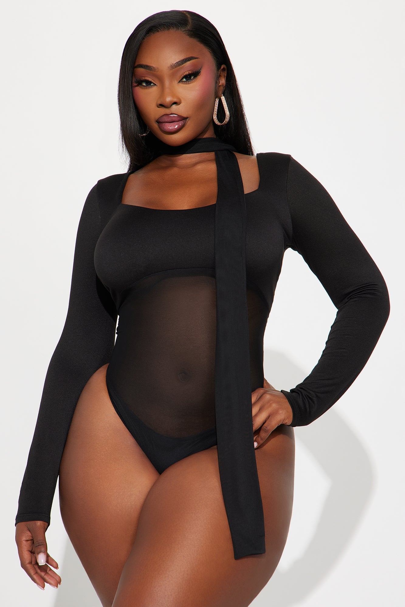 Lenora Long Sleeve Mesh Bodysuit - Black