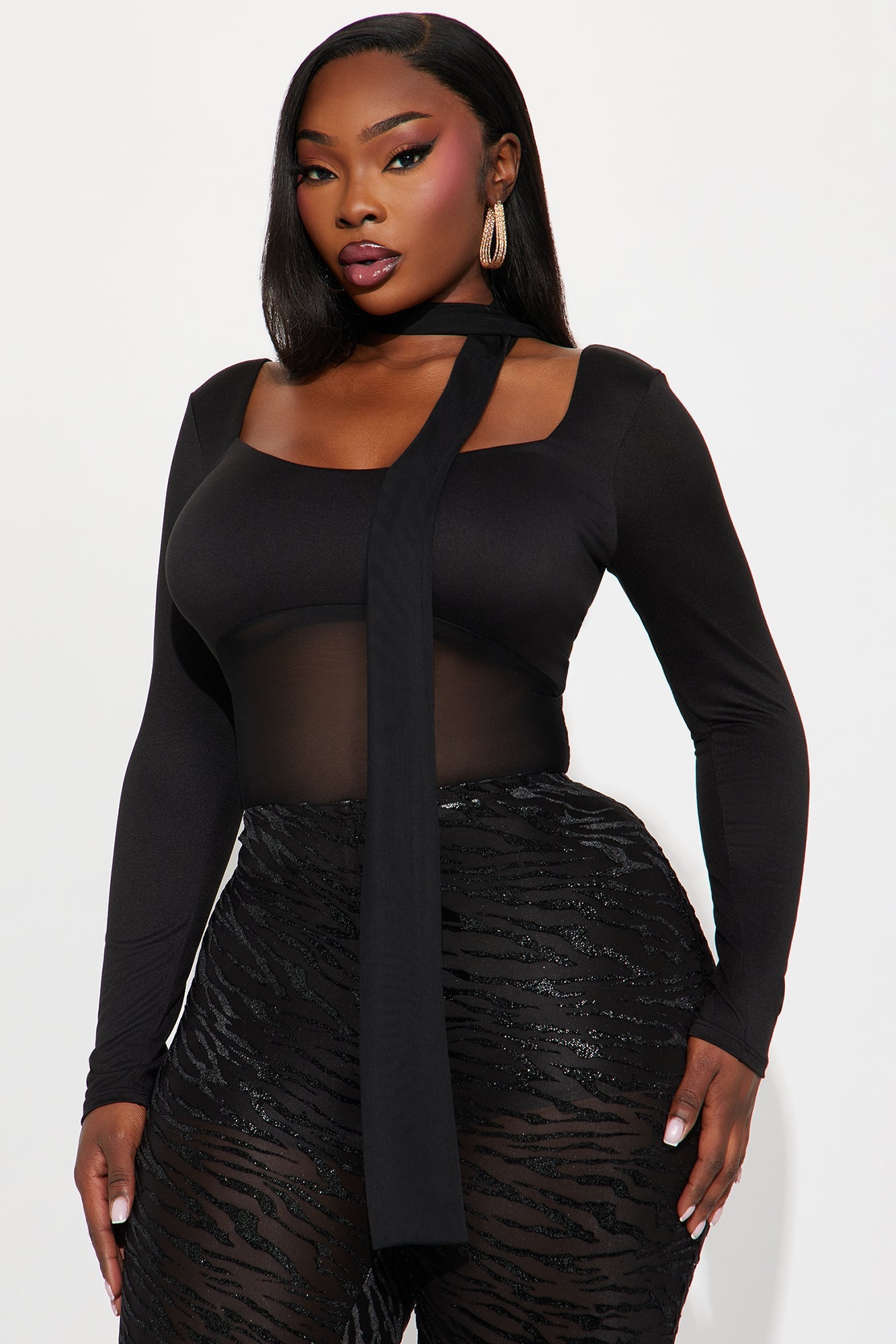 Lenora Long Sleeve Mesh Bodysuit - Black