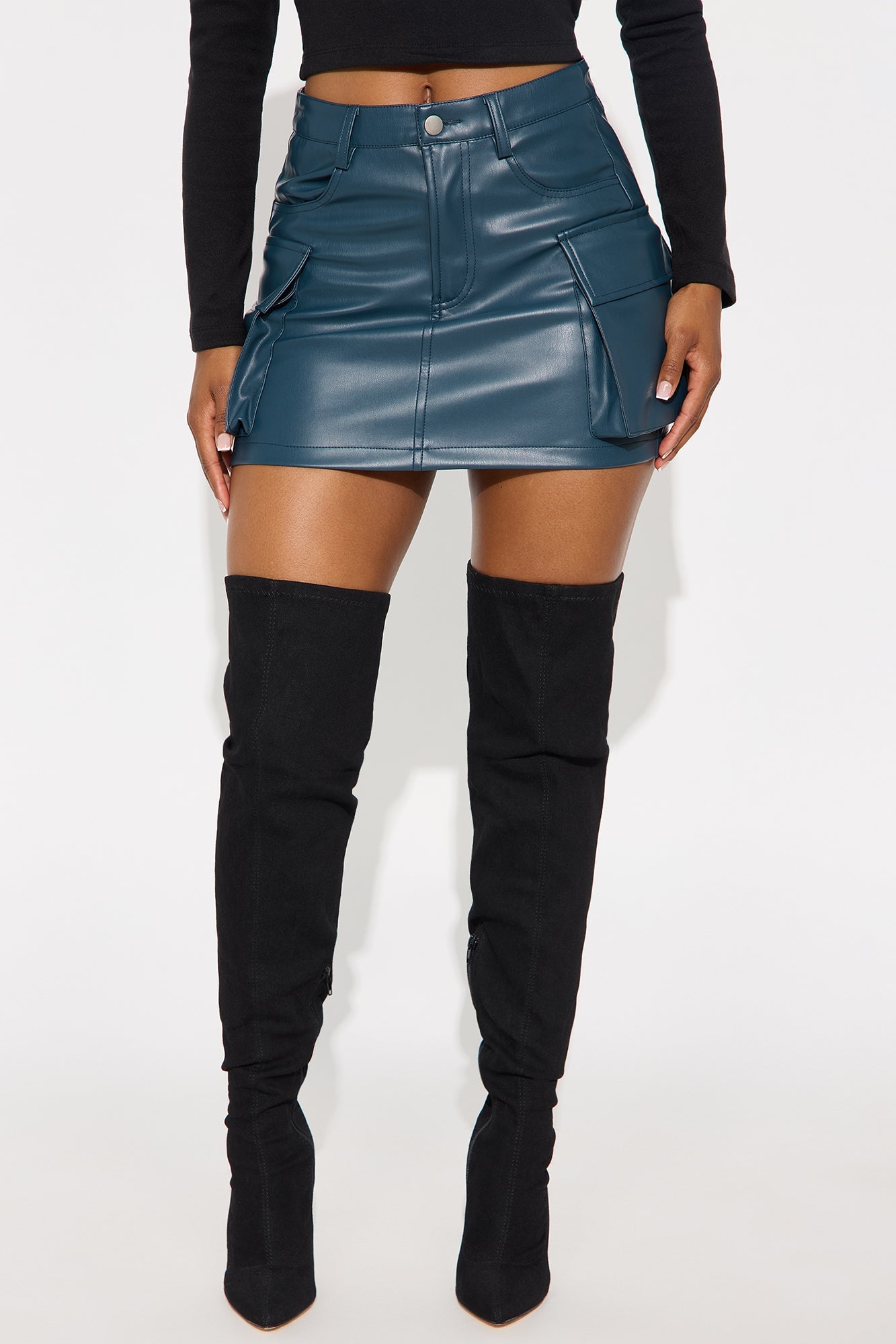 Unmatched Faux Leather Cargo Skirt - Teal