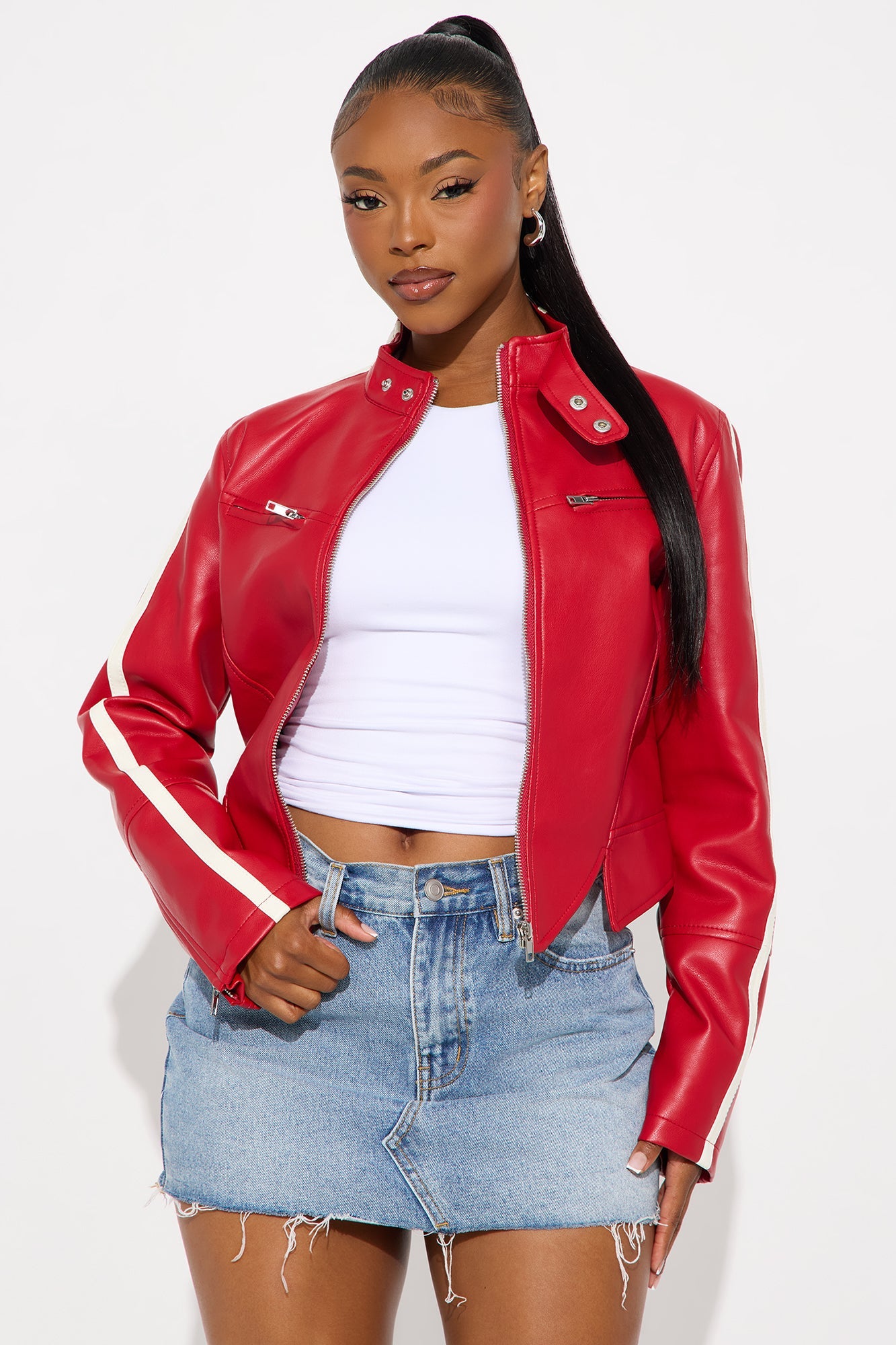 Rebel Phase Faux Leather Moto Jacket - Red