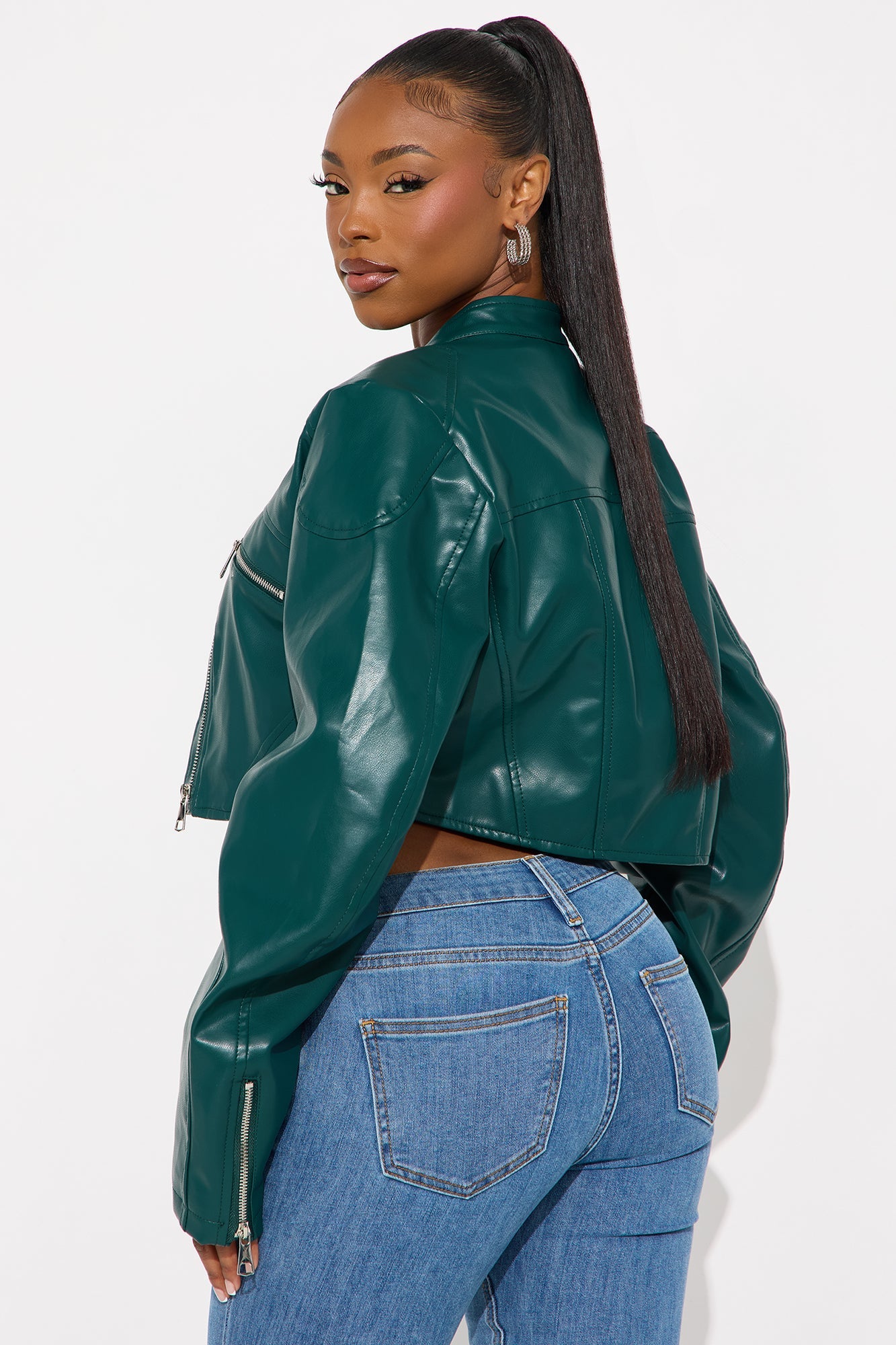 Mina Cropped Faux Leather Moto Jacket - Teal