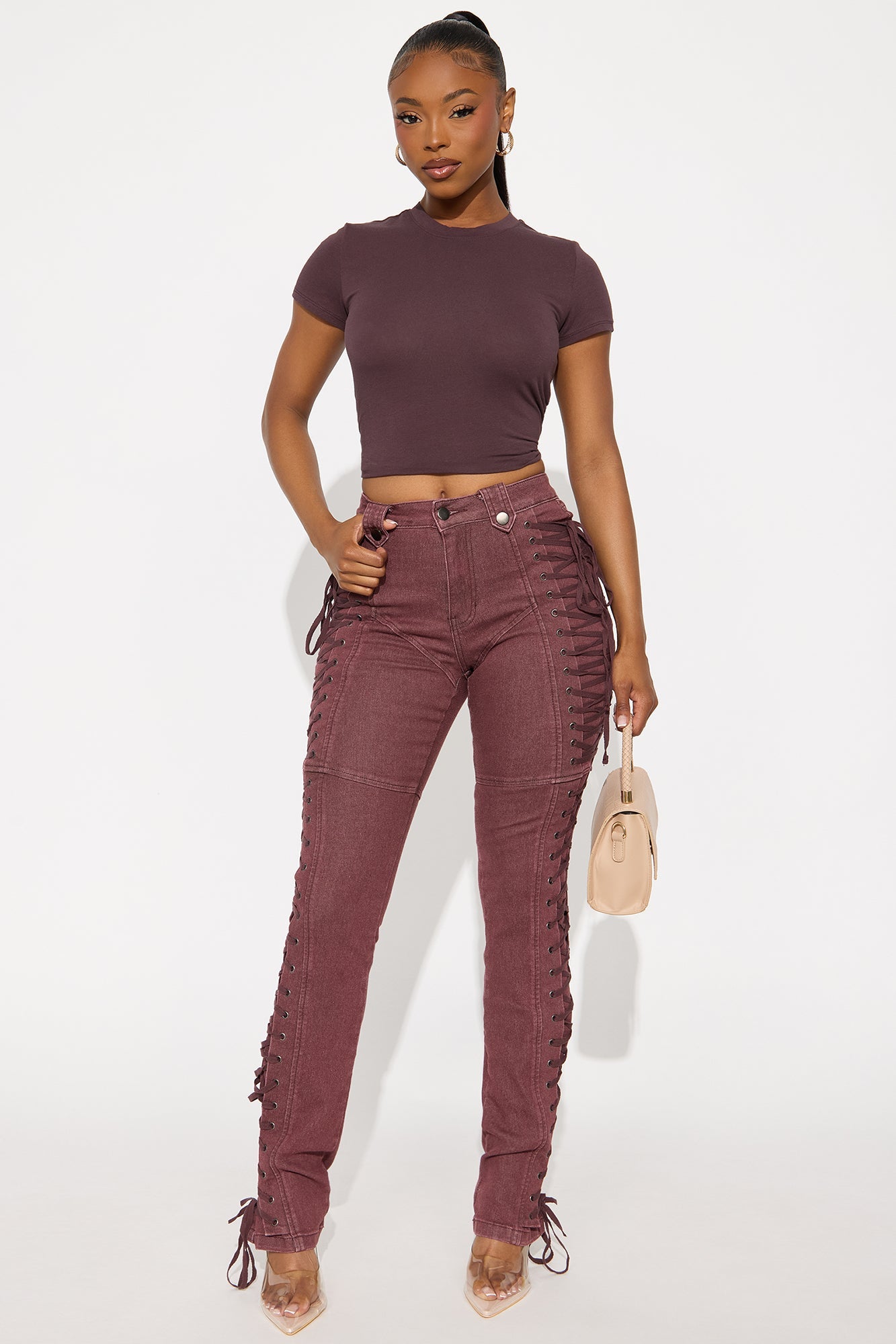 After Hours Lace Up Flare Pant - Wine