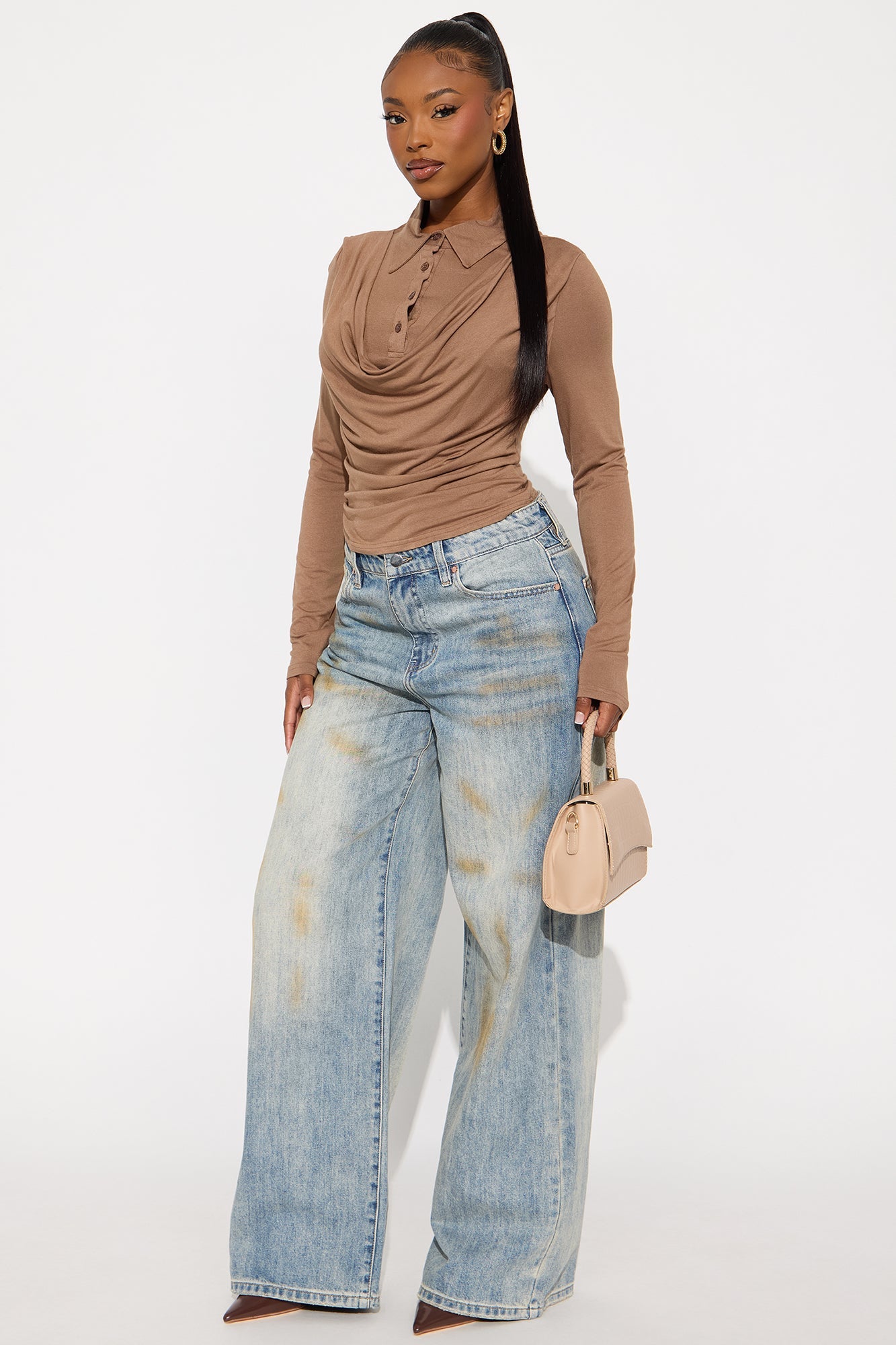 Glinda Long Sleeve Draped Top - Mocha
