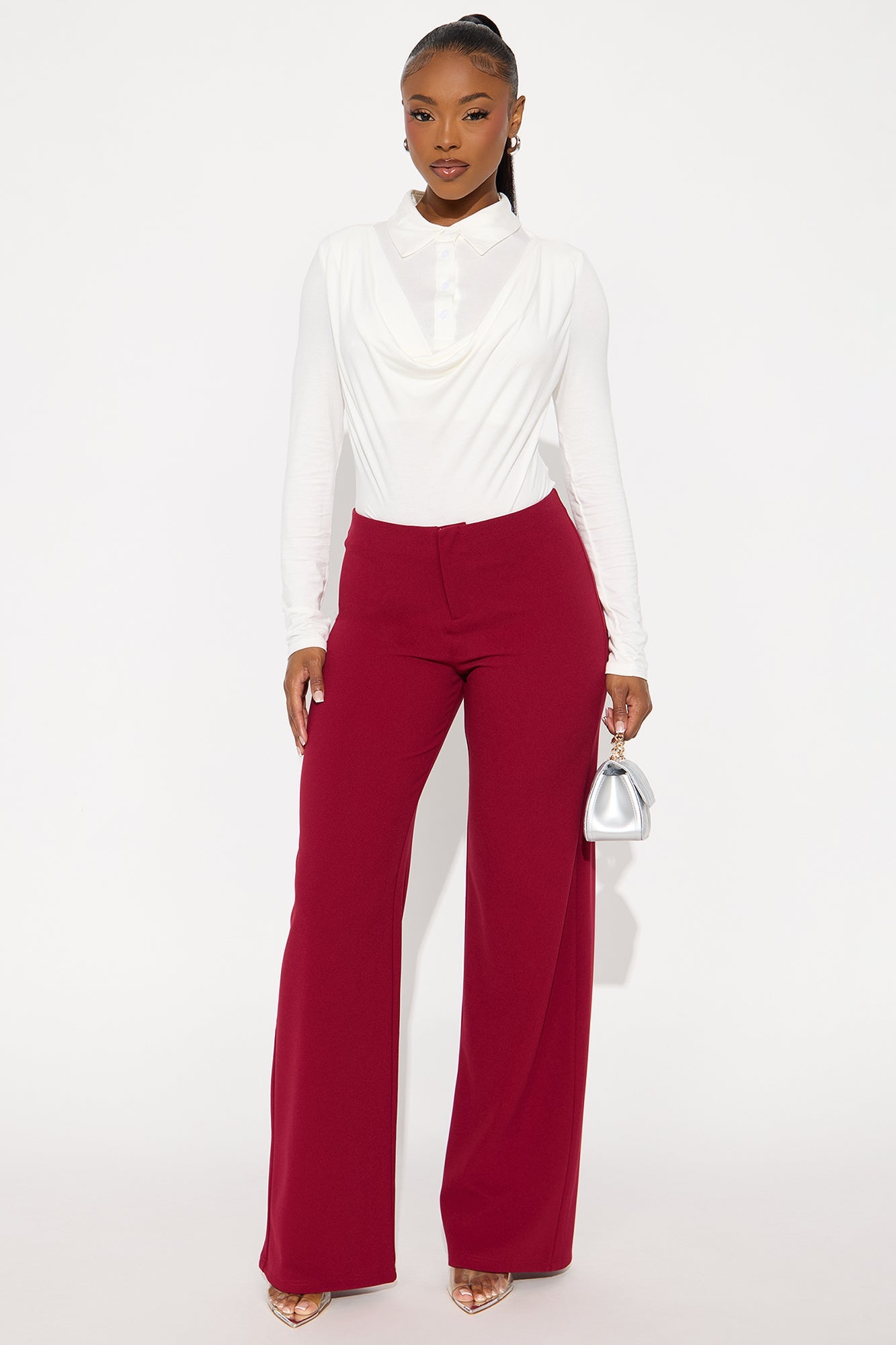 Out Of Office Low Rise Wide Leg Trouser Pant 33″ - Wine