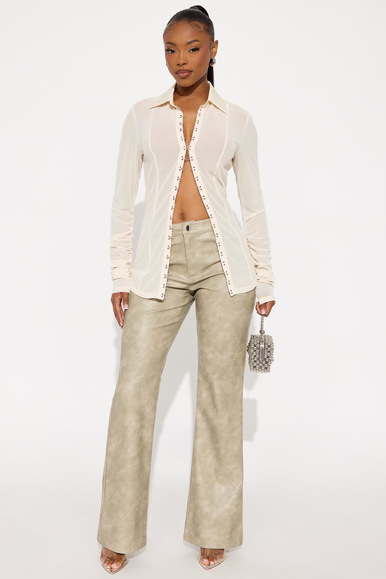 Simi Washed Faux Leather Flare Leg Pant 33″ - Stone