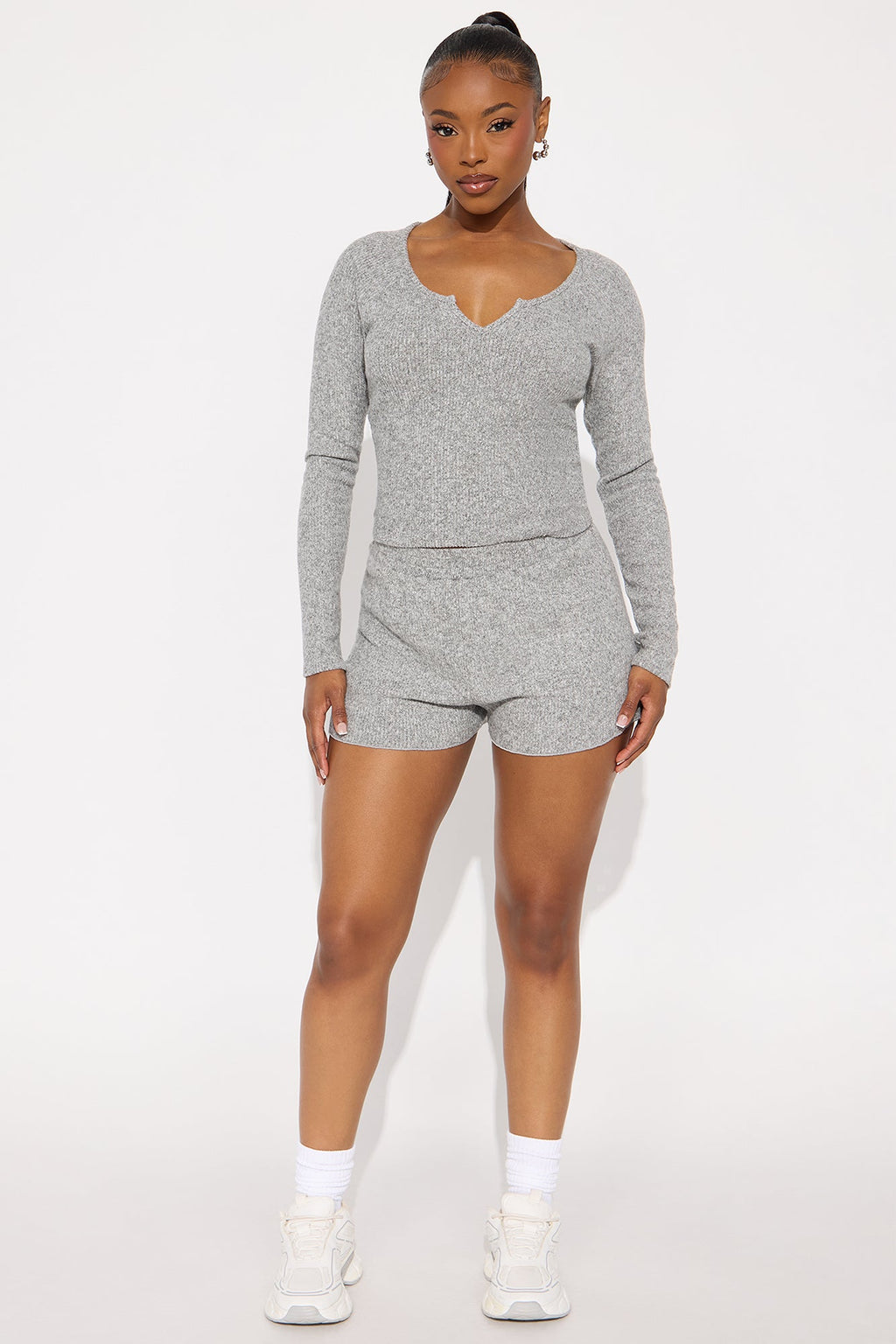 Sasha Heathered Long Sleeve Short Set - Heather Grey