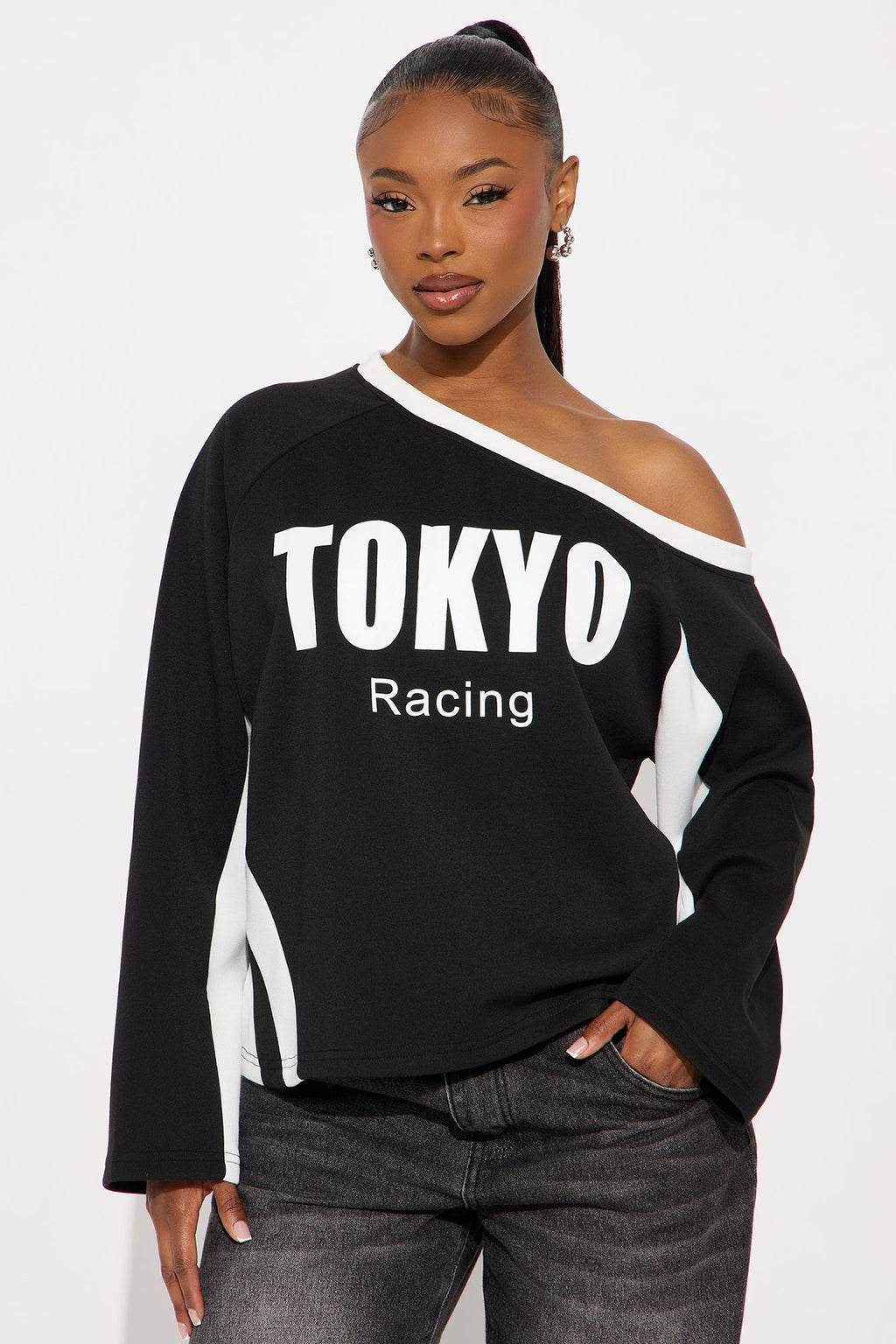 Tokyo Racing Off Shoulder Tee - Black