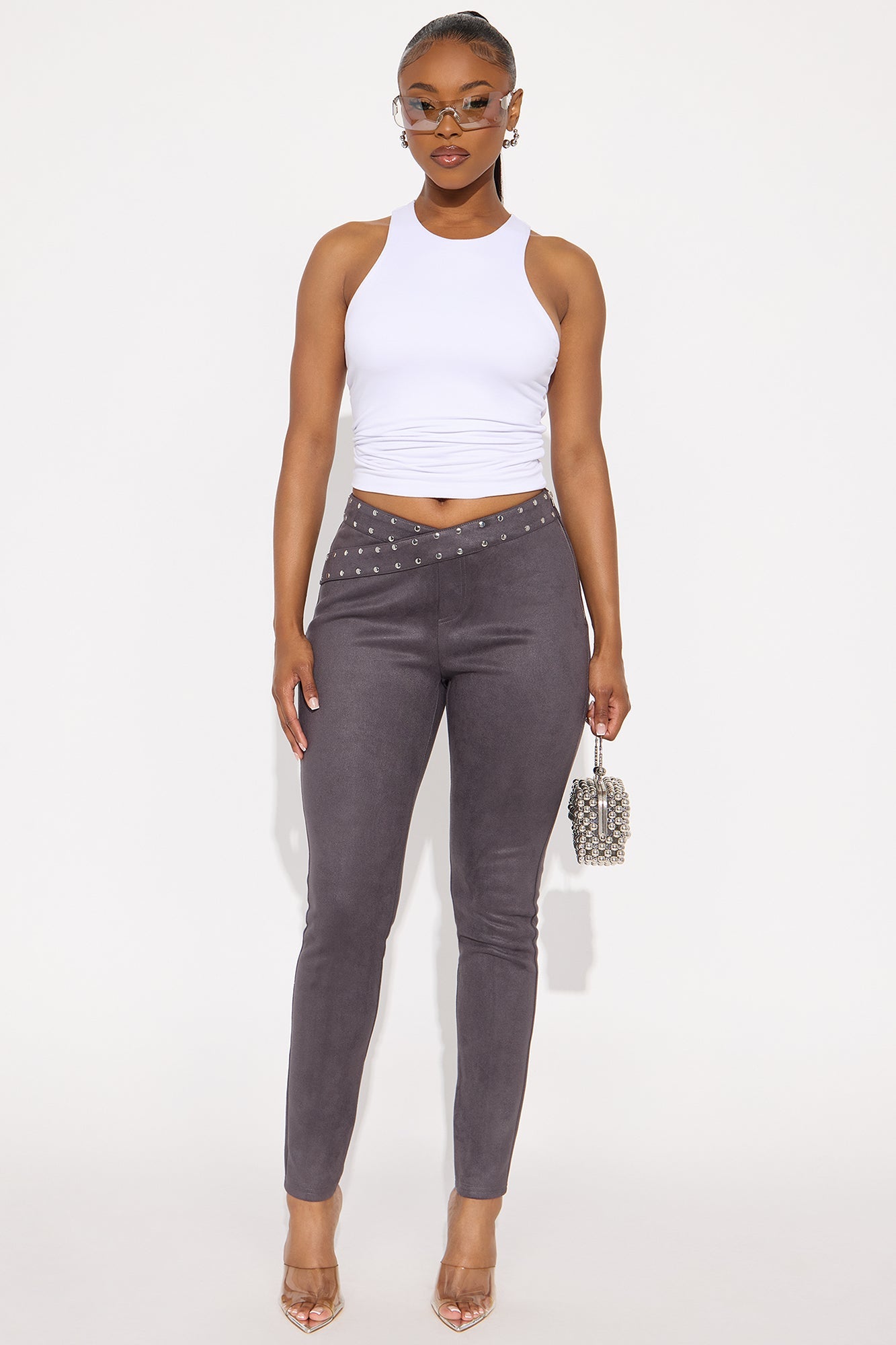 Into The Desert Sun Faux Suede Skinny Leg Pant - Charcoal