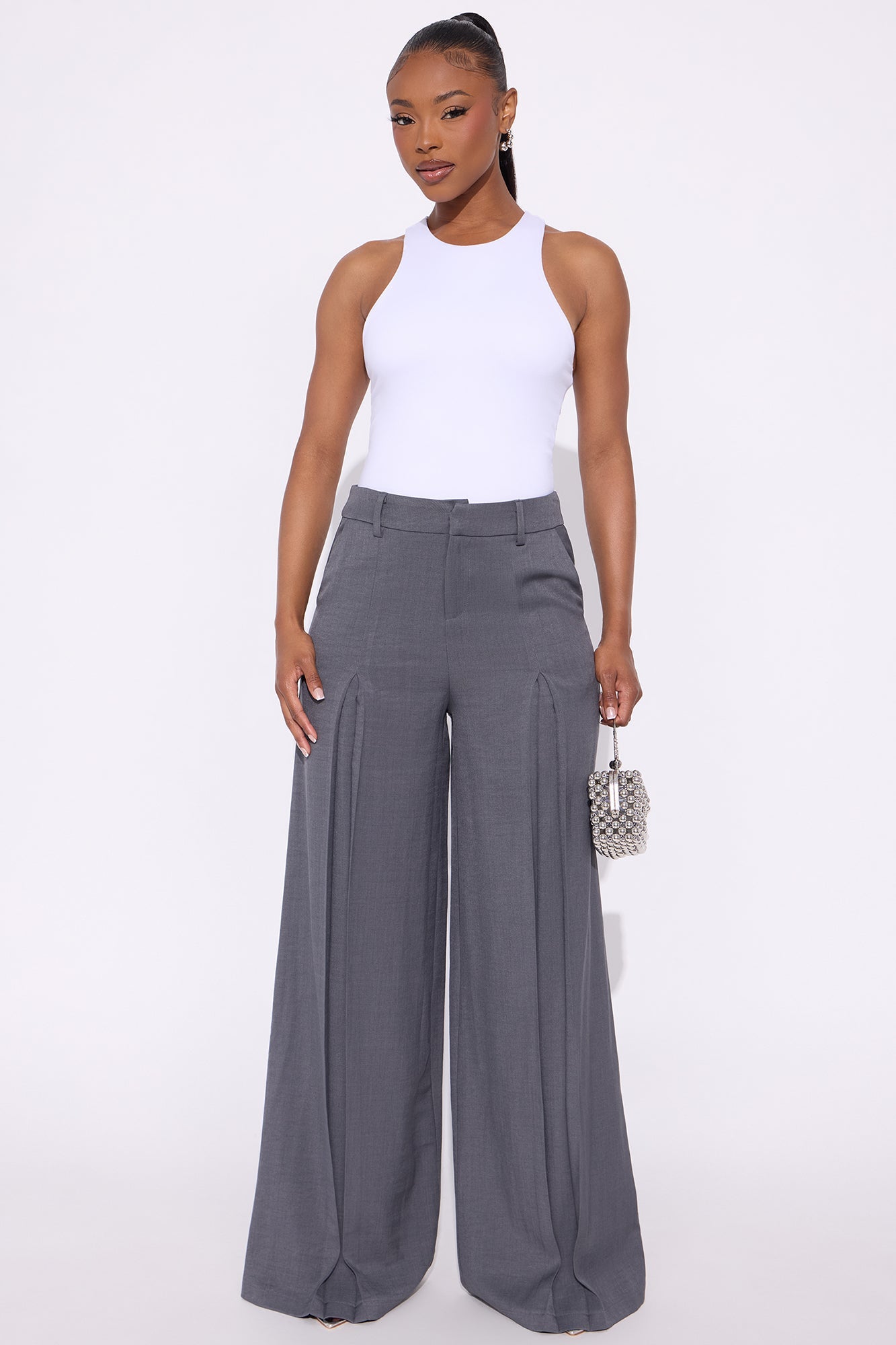 Karina Pleated Wide Leg Trouser Pant 33″ - Charcoal