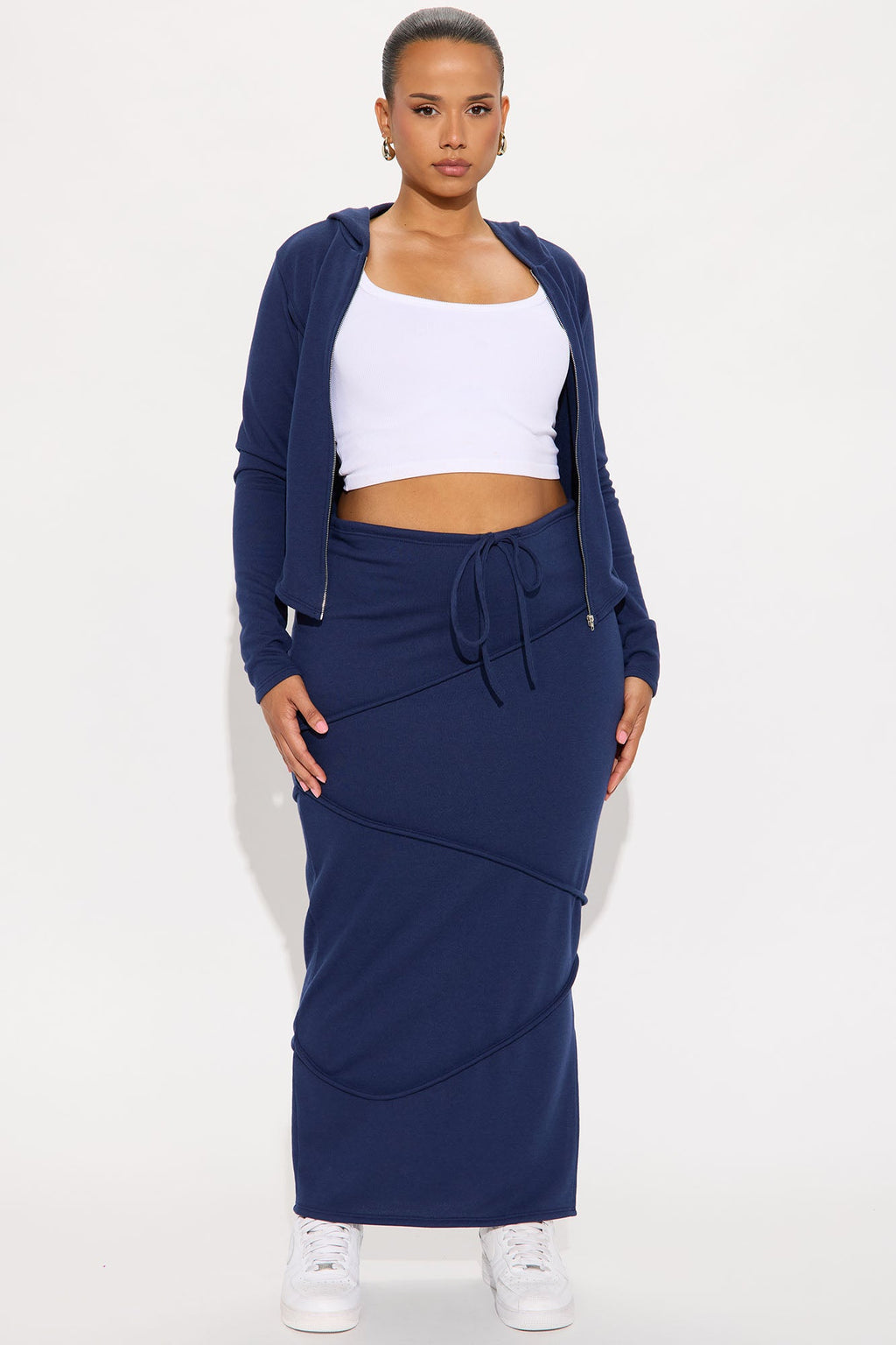 Body Lines Hoodie Maxi Skirt Set - Navy 