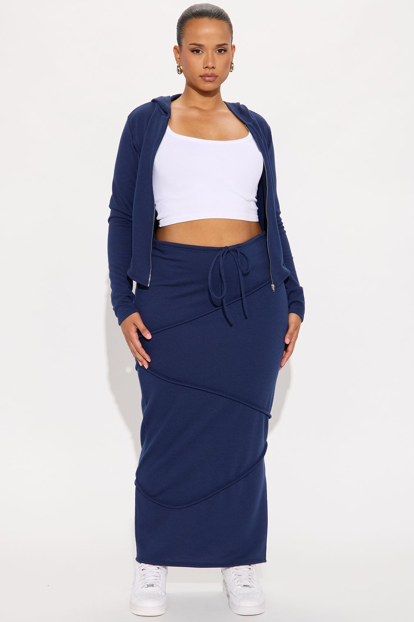 Body Lines Hoodie Maxi Skirt Set - Navy 
