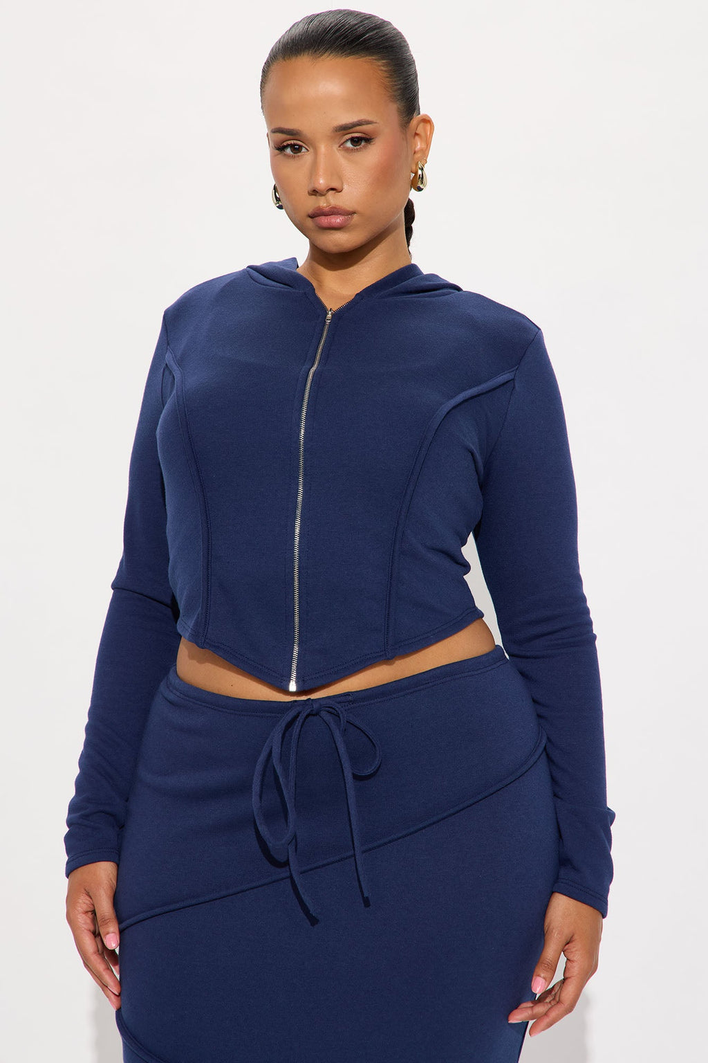 Body Lines Hoodie Maxi Skirt Set - Navy 