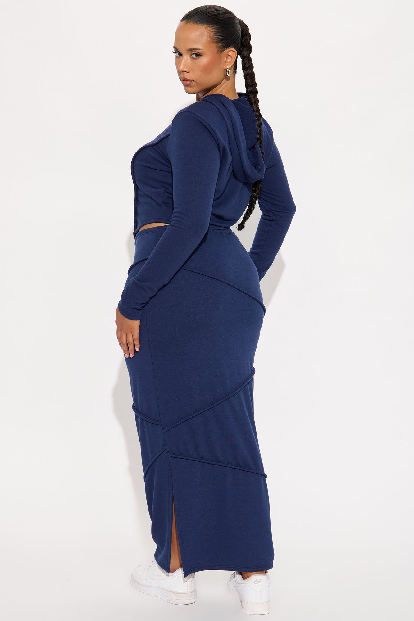 Body Lines Hoodie Maxi Skirt Set - Navy 
