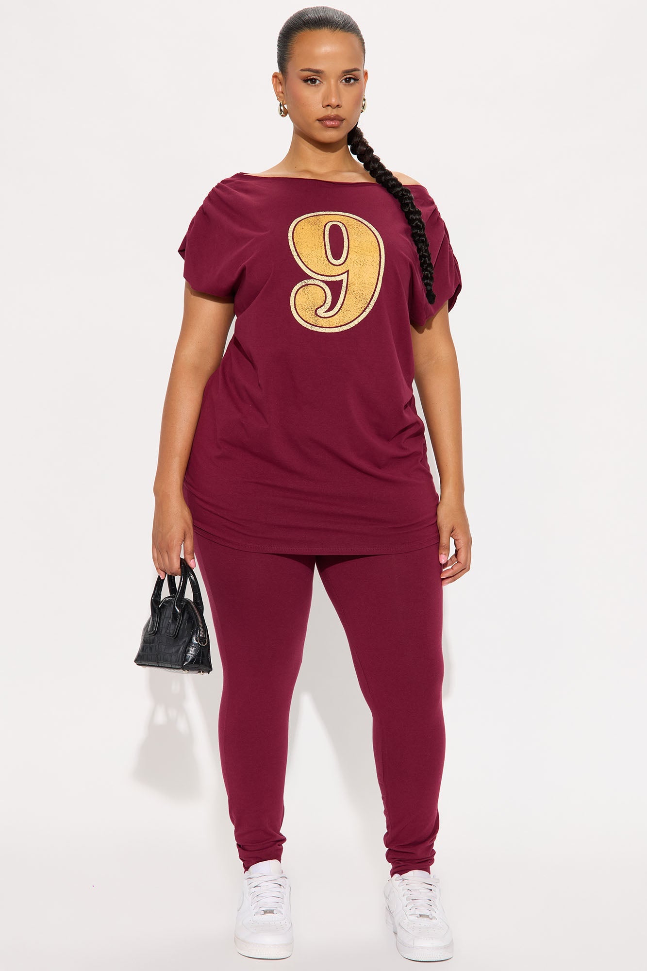 She Scores Off Shoulder Legging Set - Burgundy