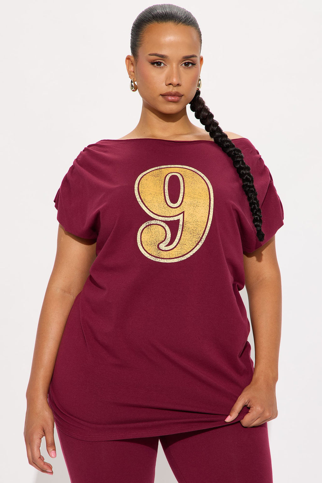 She Scores Off Shoulder Legging Set - Burgundy