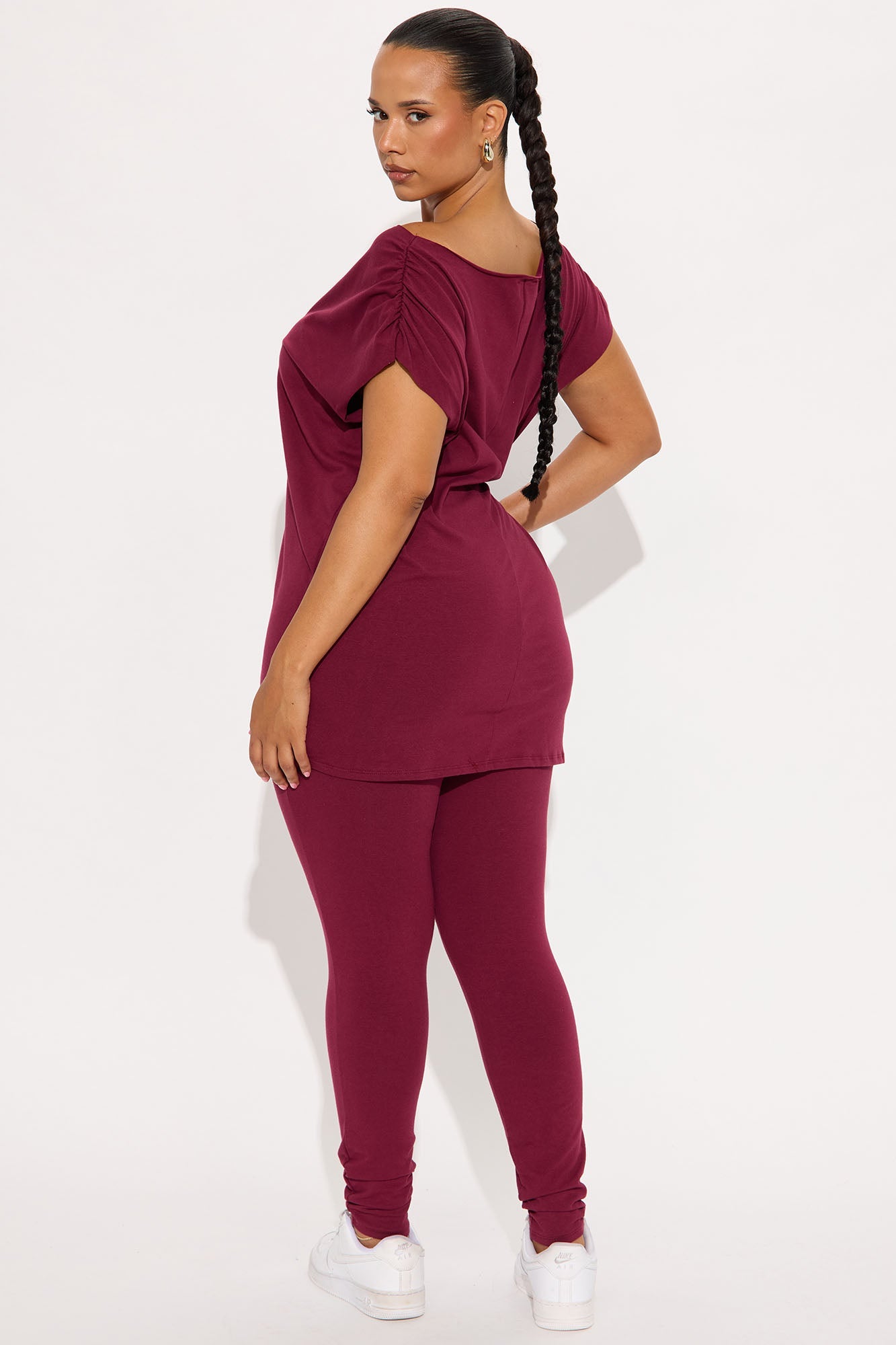 She Scores Off Shoulder Legging Set - Burgundy