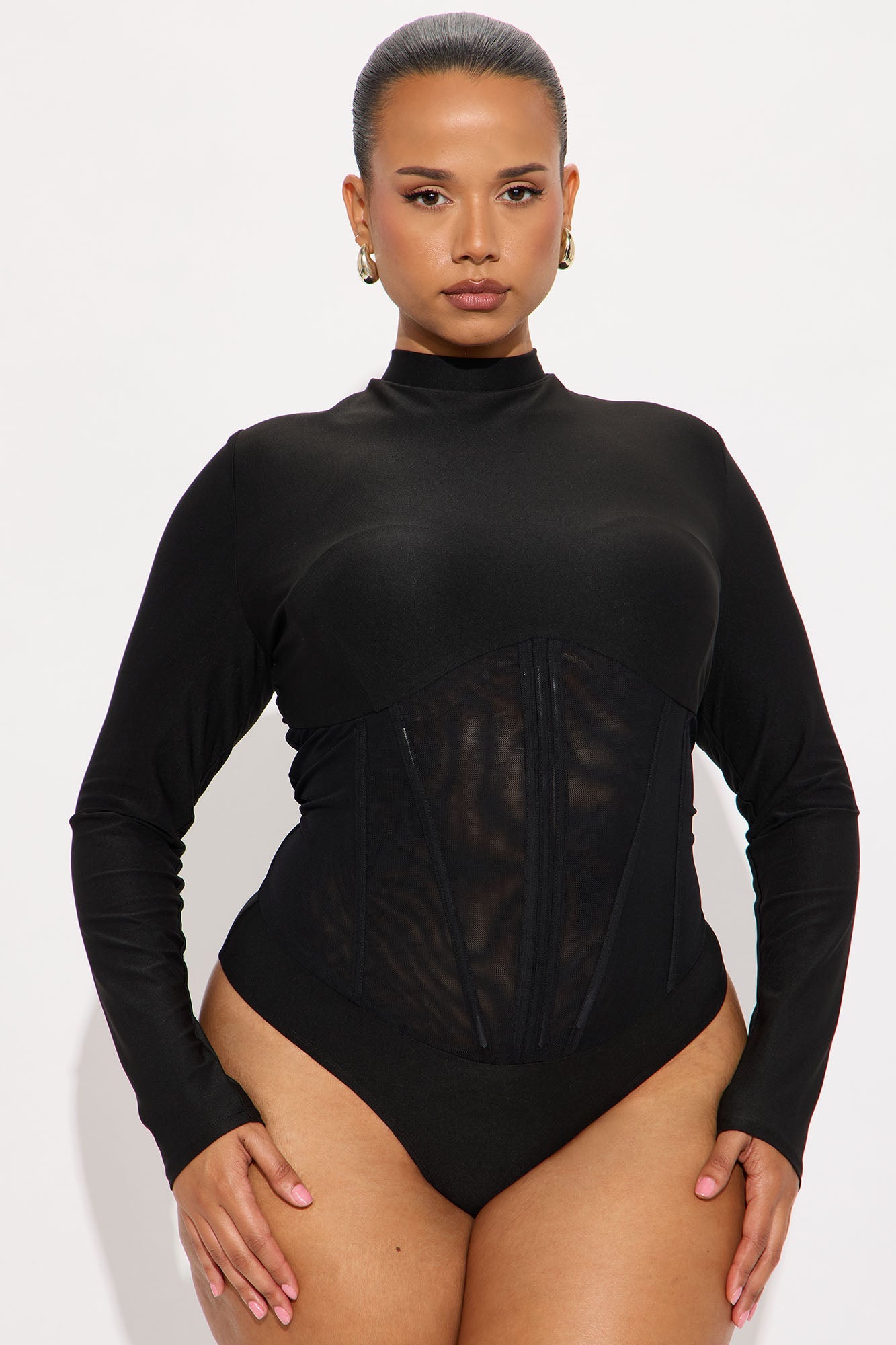Kenny Long Sleeve Corset Bodysuit - Black