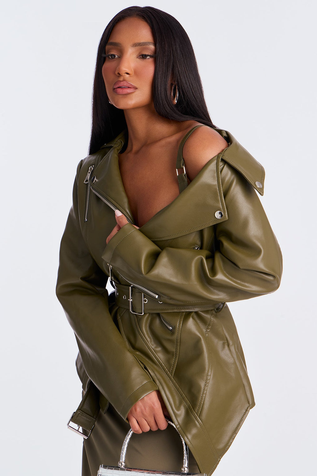 Burn Rubber Faux Leather Moto Jacket - Olive