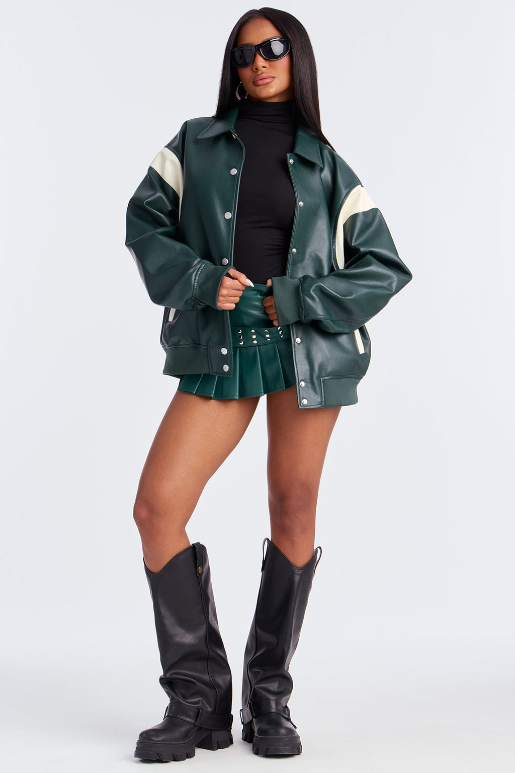 Candice Faux Leather Varsity Jacket - Olive/combo