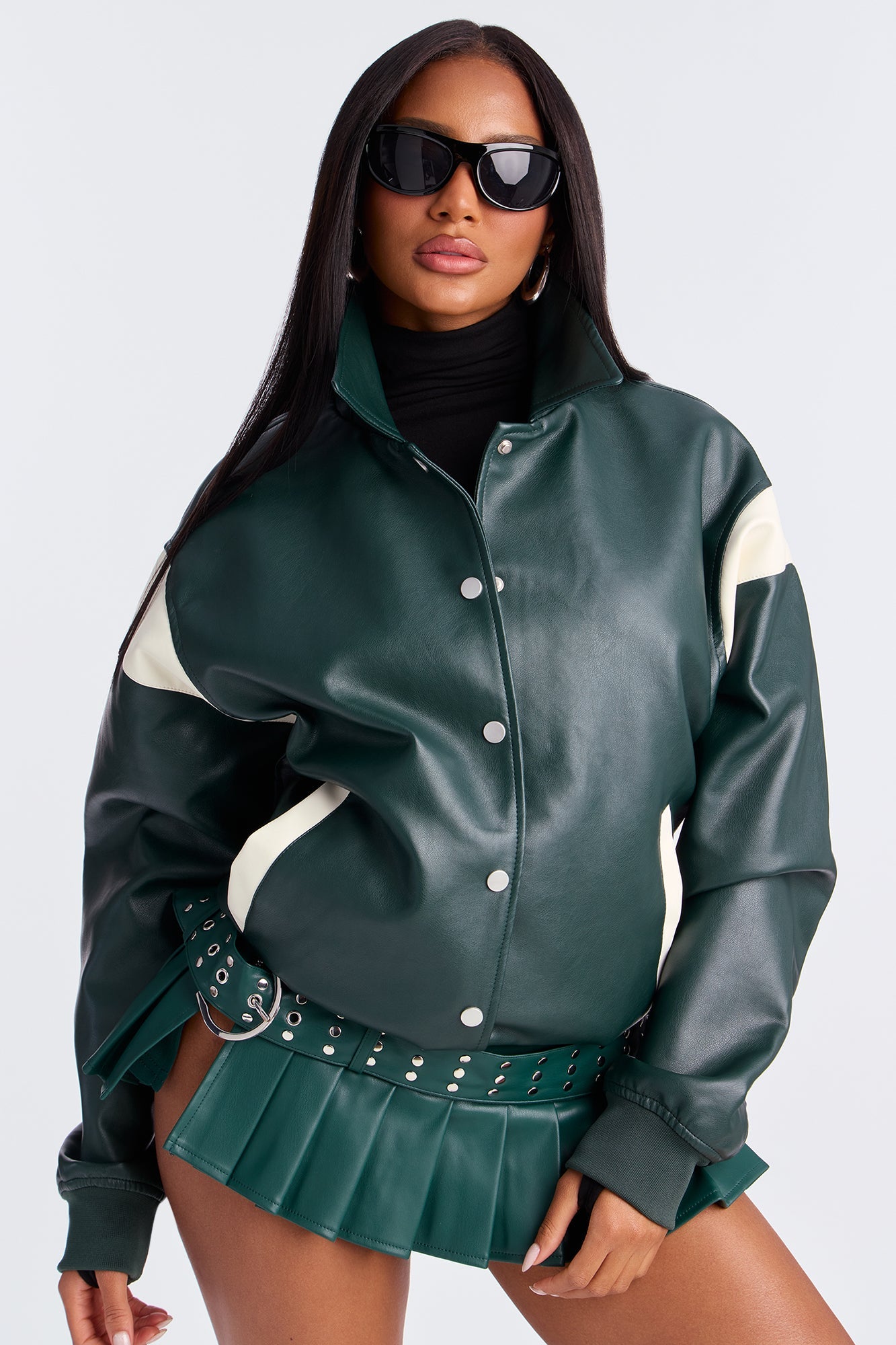 Candice Faux Leather Varsity Jacket - Olive/combo