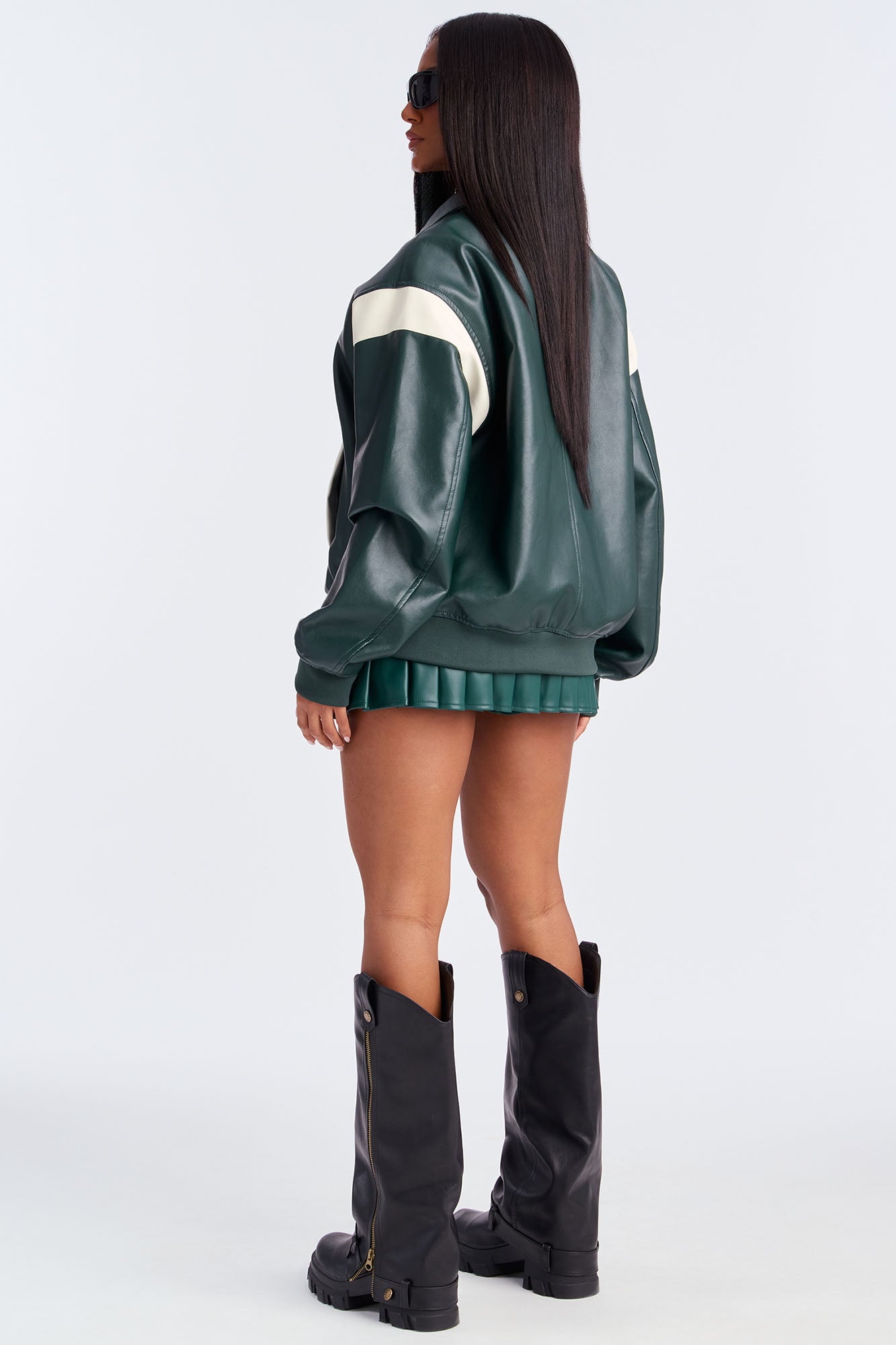 Candice Faux Leather Varsity Jacket - Olive/combo
