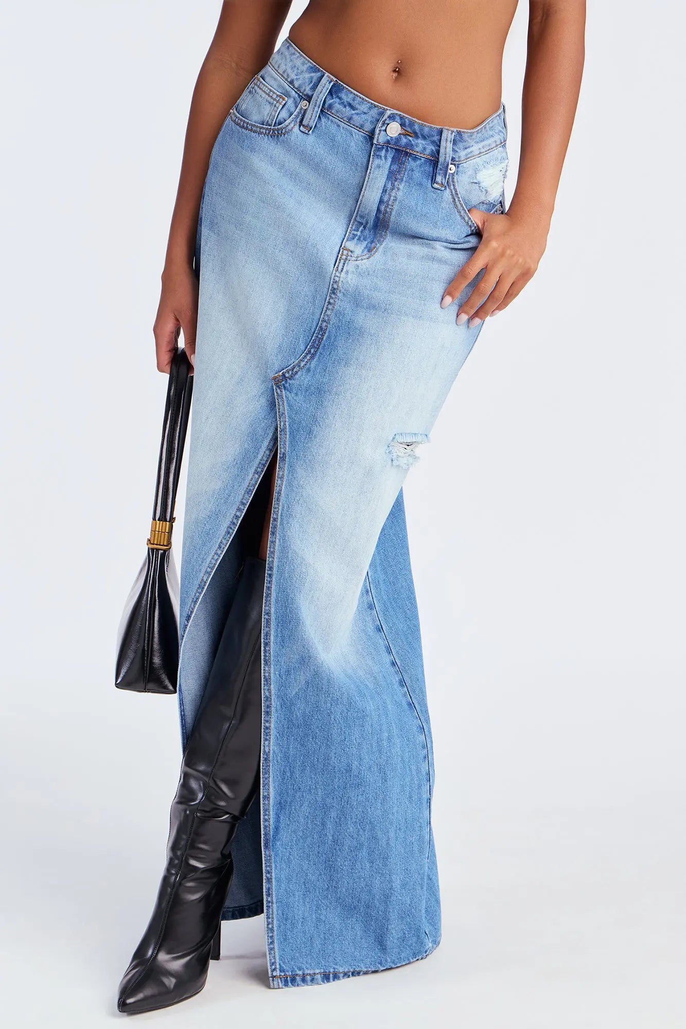 Josie Destructed Washed Denim Maxi Skirt - Medium Wash 