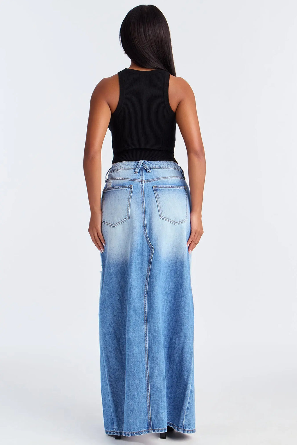 Josie Destructed Washed Denim Maxi Skirt - Medium Wash 