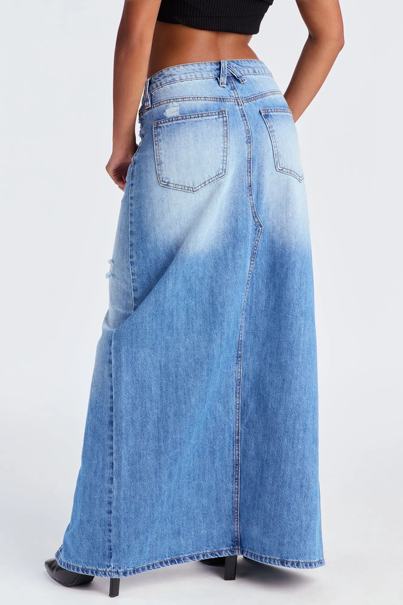 Josie Destructed Washed Denim Maxi Skirt - Medium Wash 