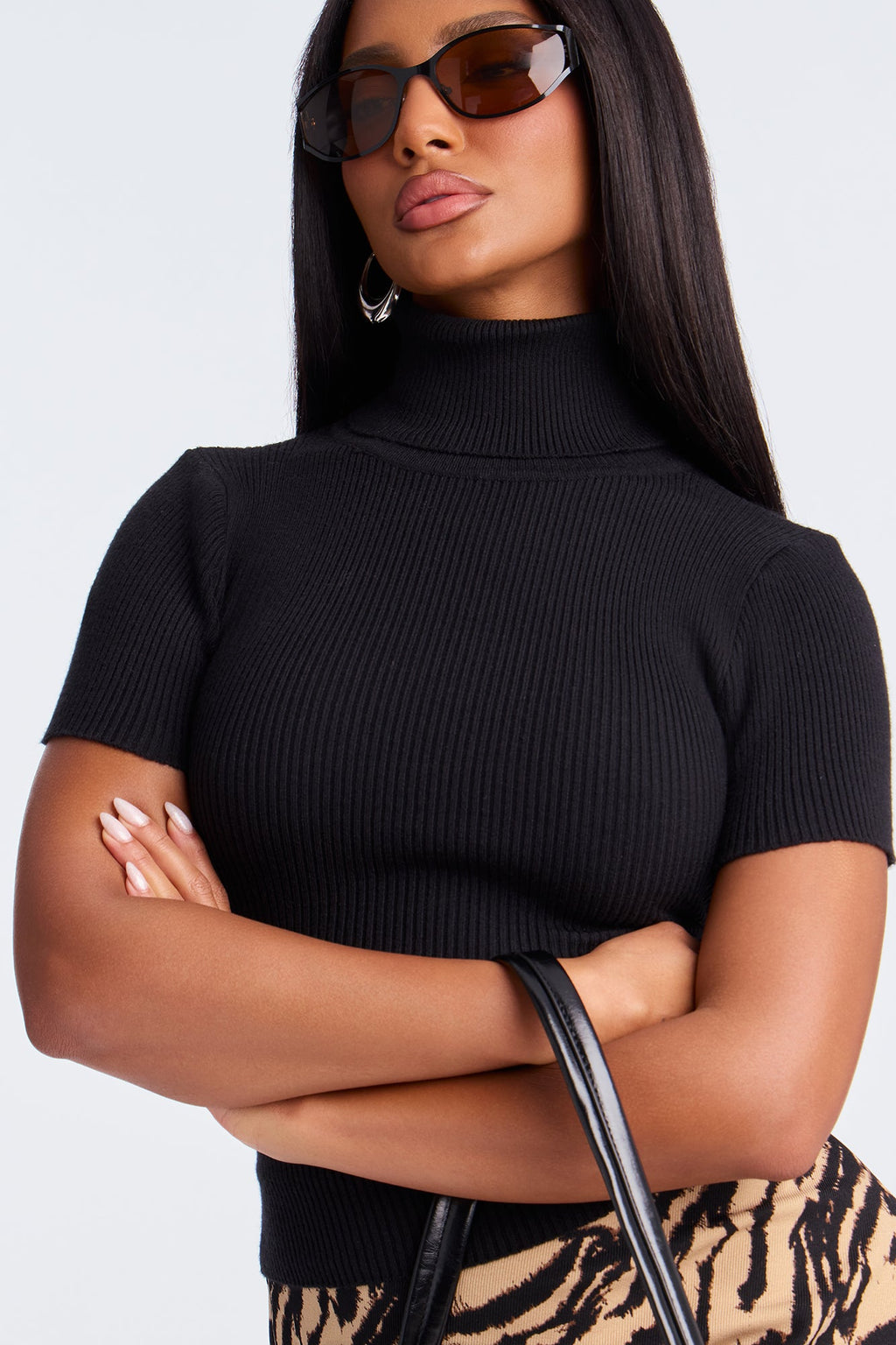 Bundled Up Short Sleeve Turtle Neck Sweater - Black