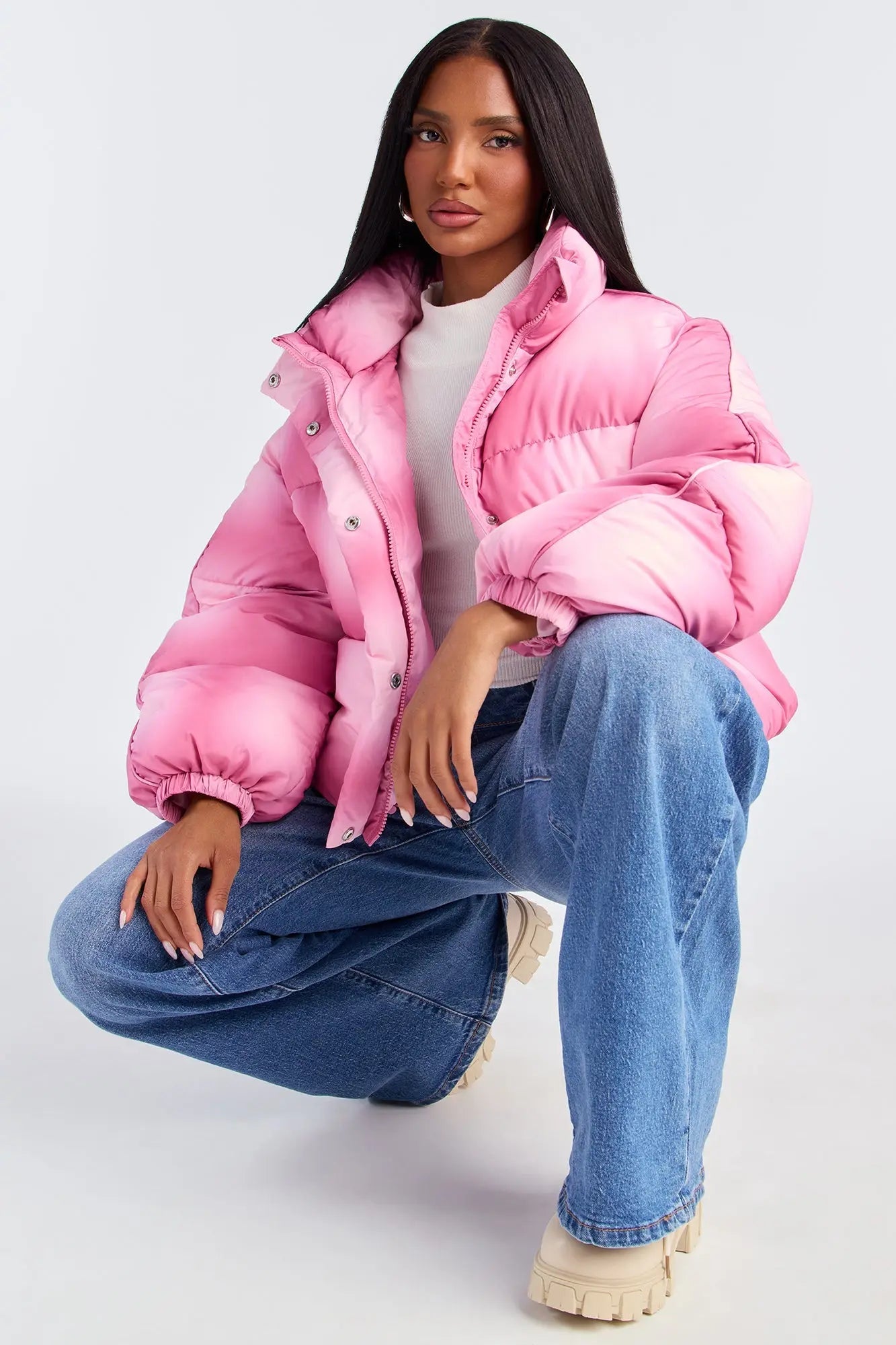 Zoe Ombre Cropped Puffer Jacket - Pink 
