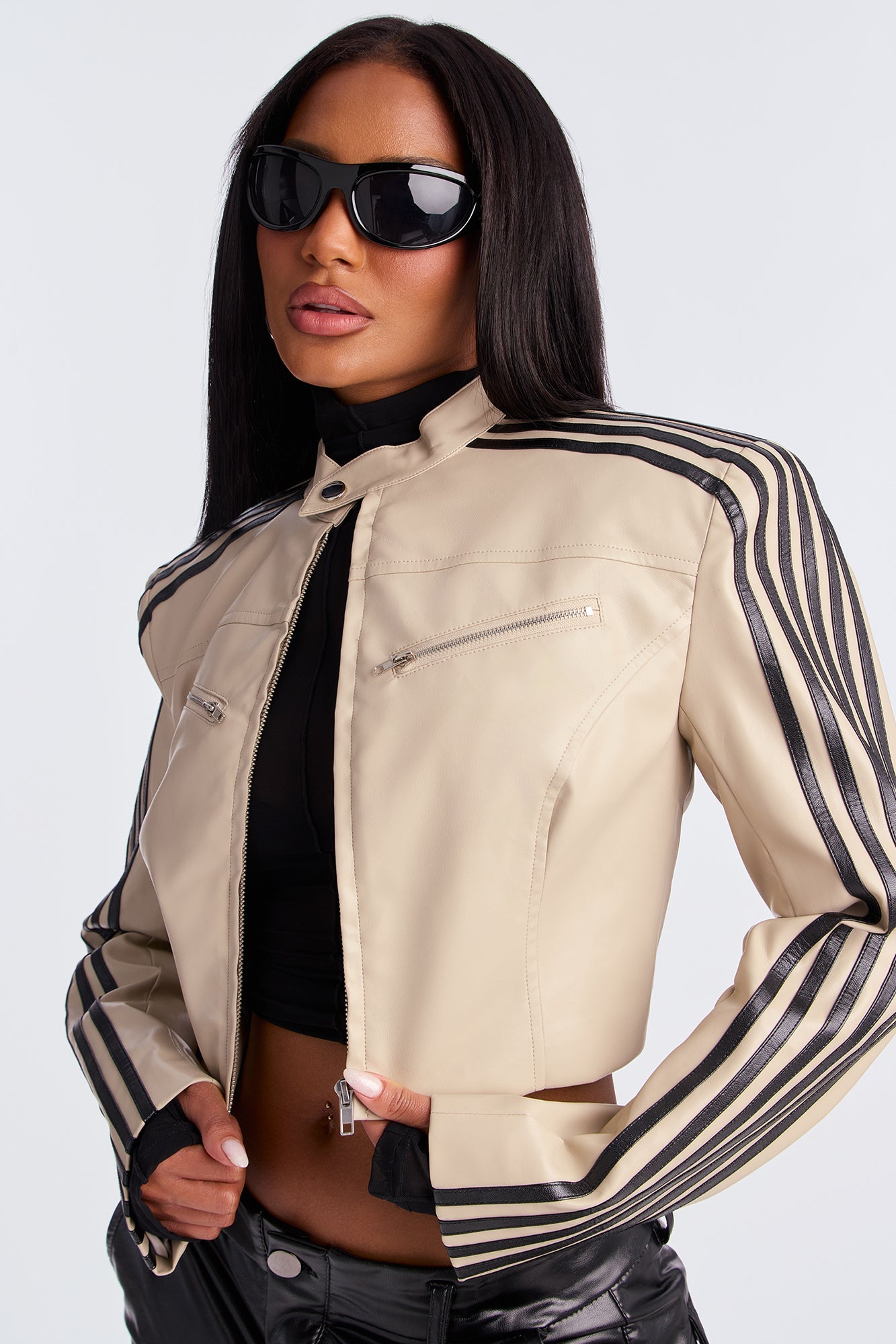 No Nonsense Faux Leather Moto Jacket - Stone/Combo