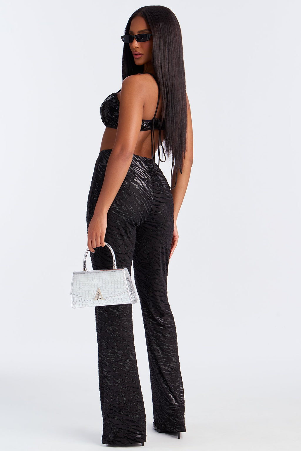 Aryanna Mesh Flocked Straight Leg Zebra Pant 33 - Black 