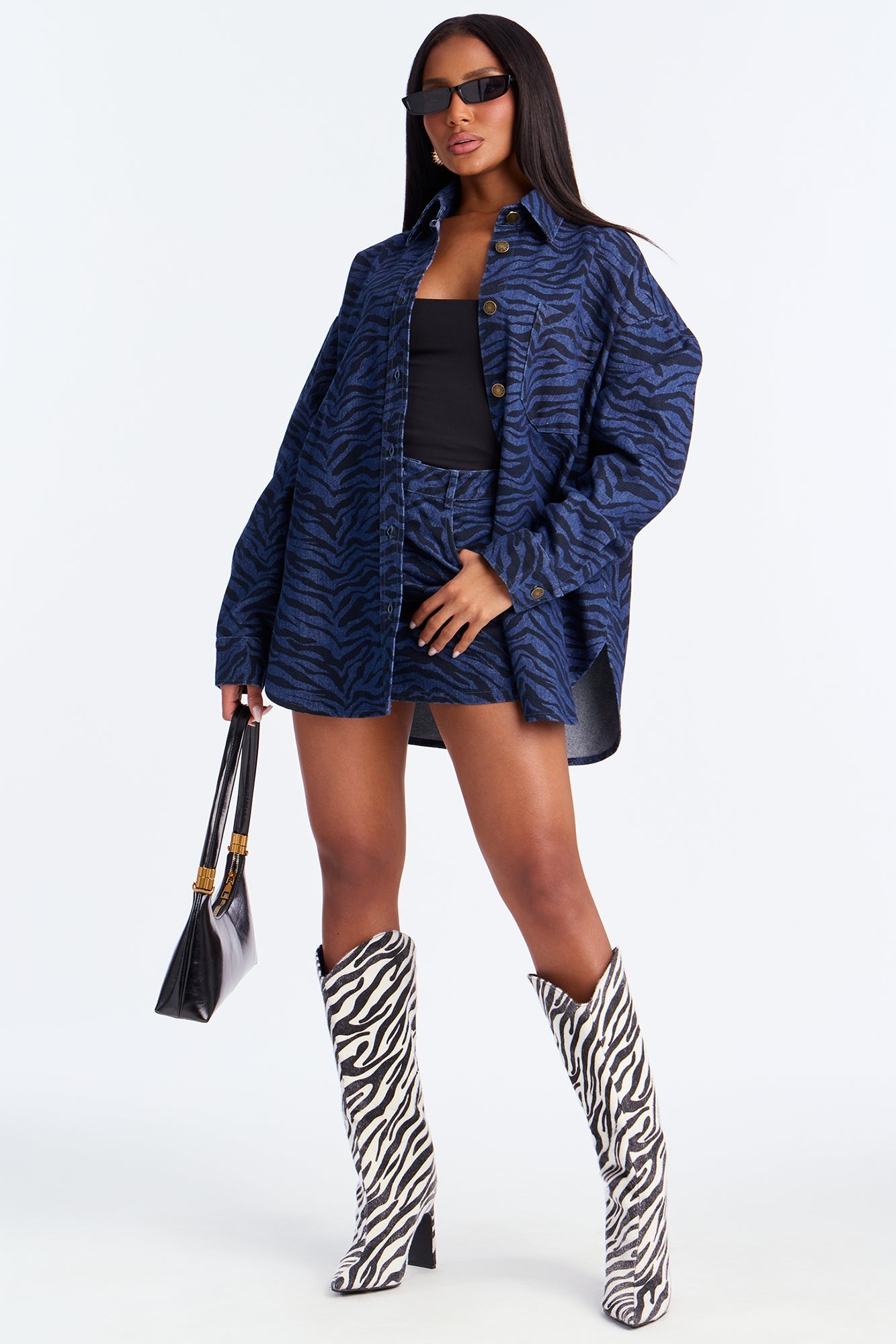Kamila Denim Zebra Print Jacket Skirt Set - Dark Wash