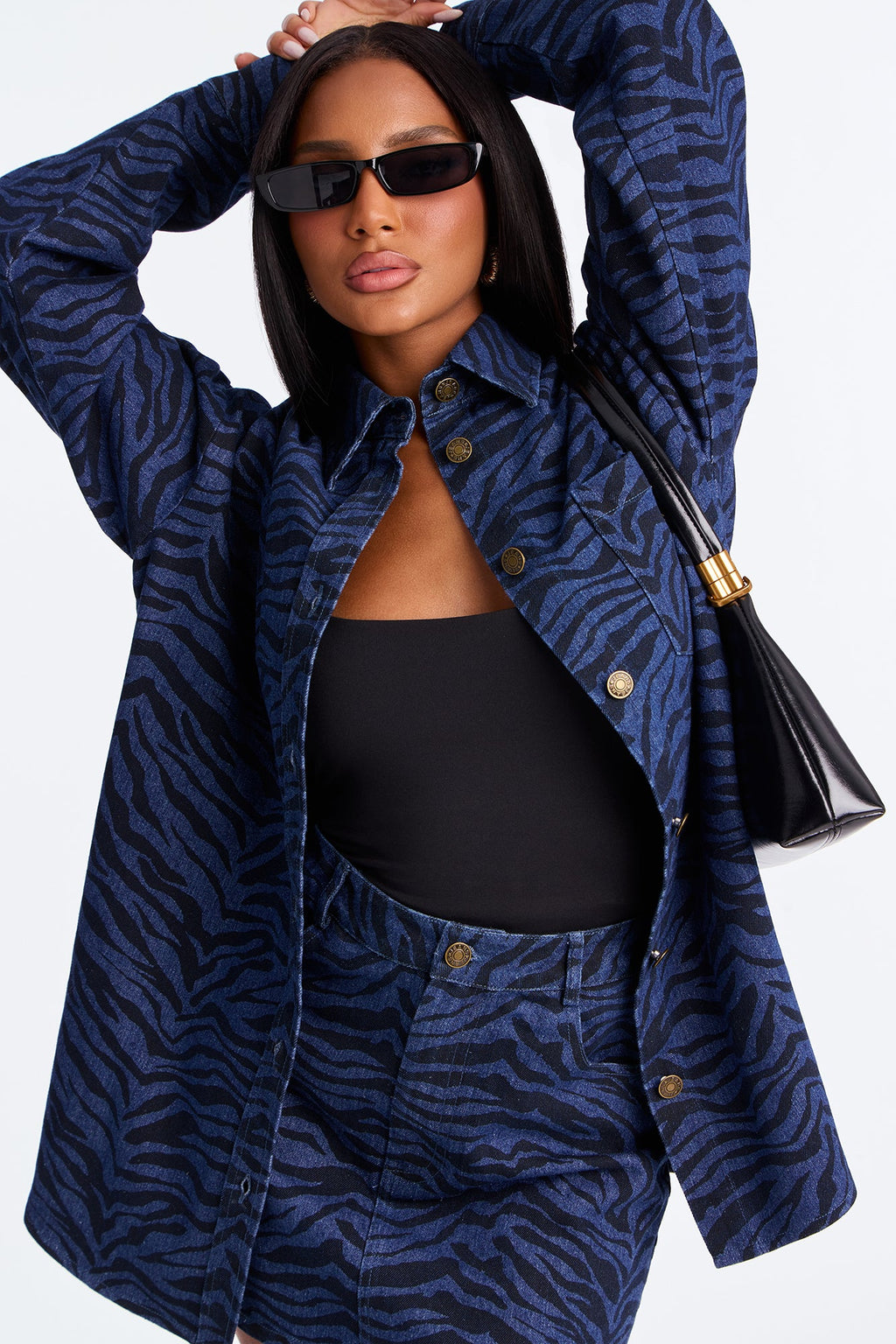 Kamila Denim Zebra Print Jacket Skirt Set - Dark Wash
