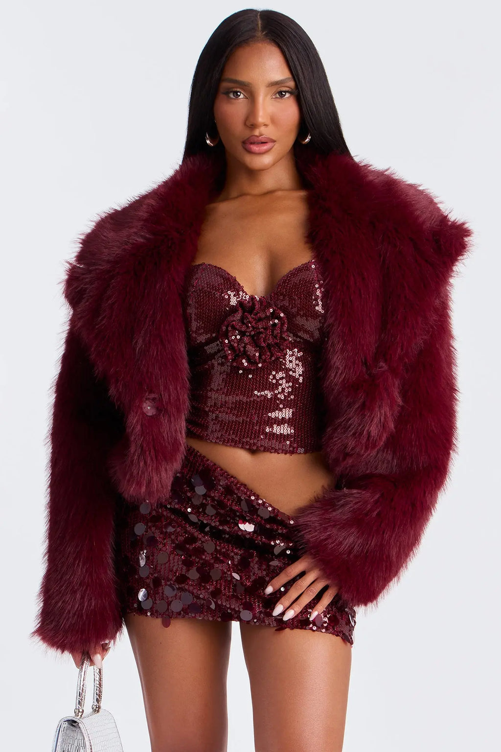 Chloe Faux Fur Cropped Coat - Wine 