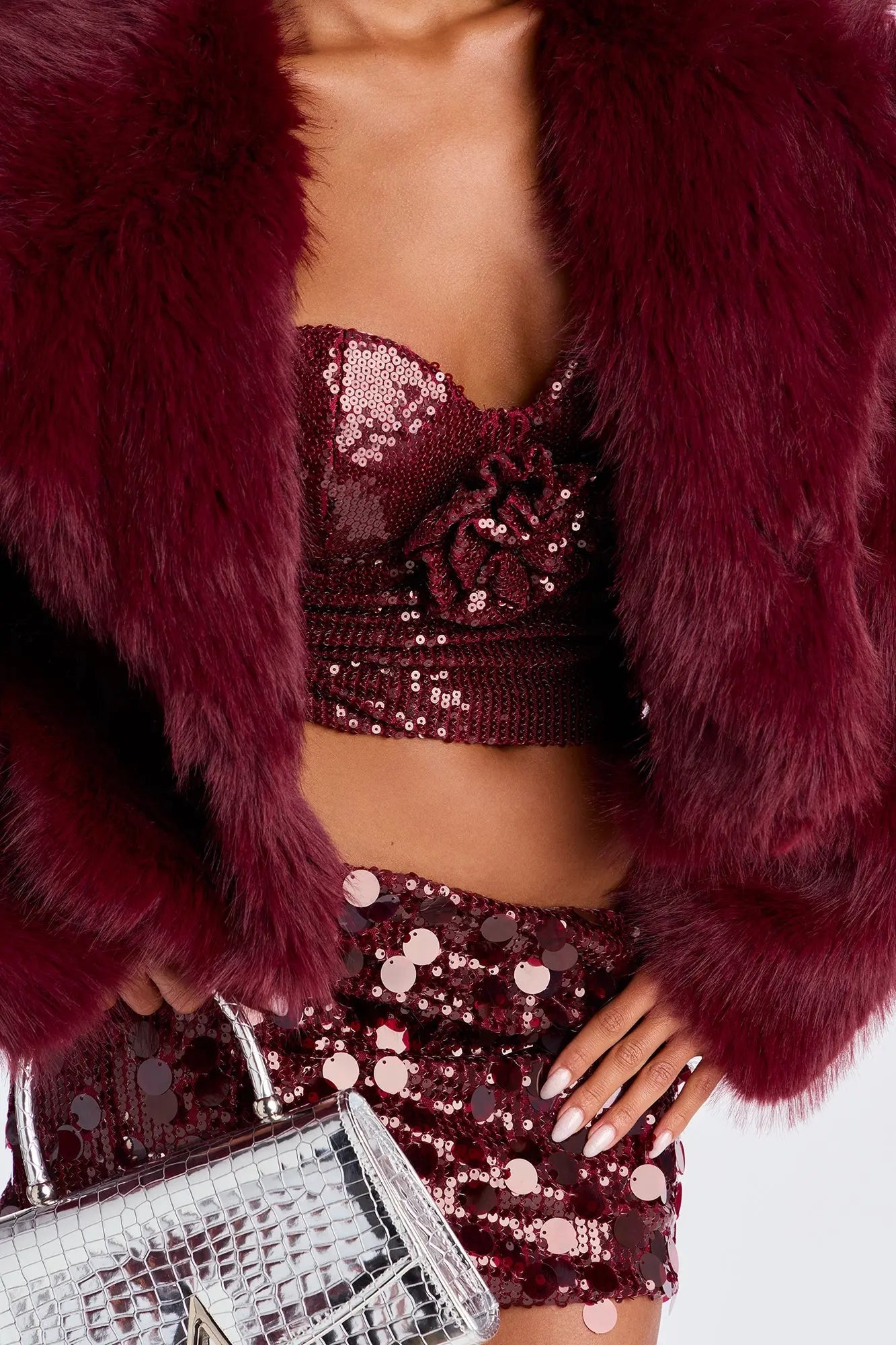 Chloe Faux Fur Cropped Coat - Wine 