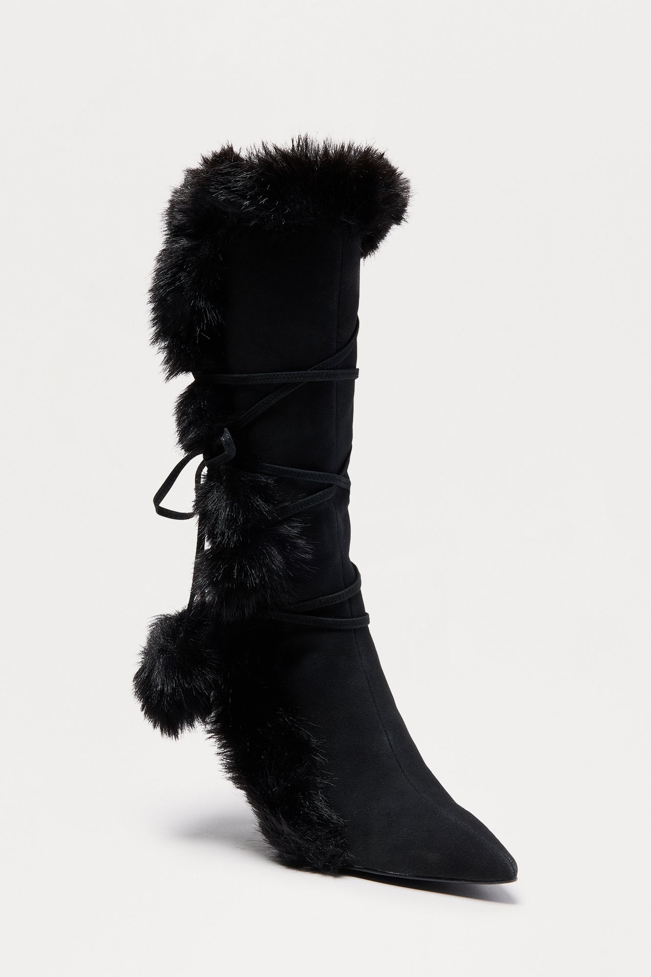 Pompom Faux Fur Boots - Black