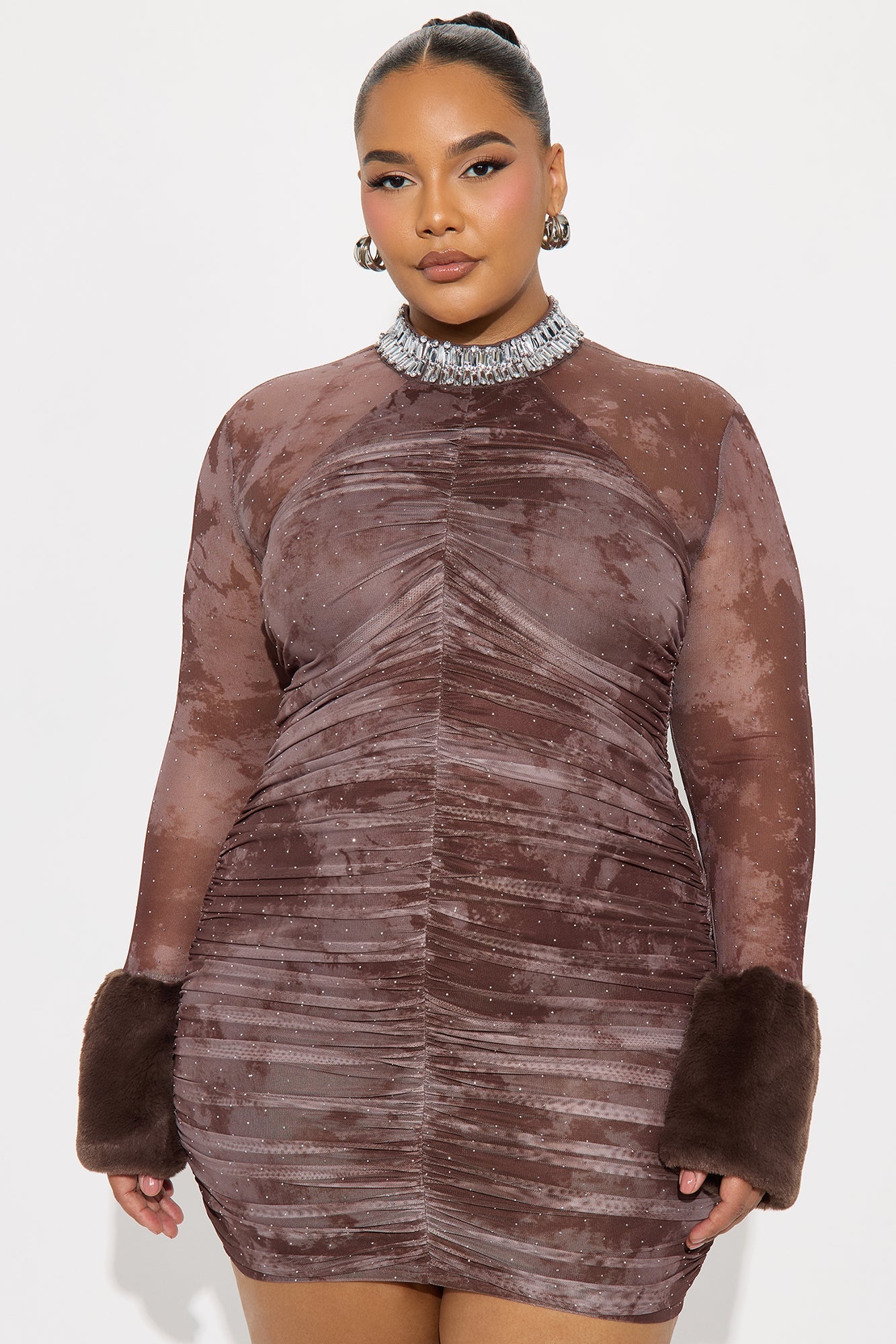 Tall Bodied That Rhinestone Mesh Mini Dress - Brown
