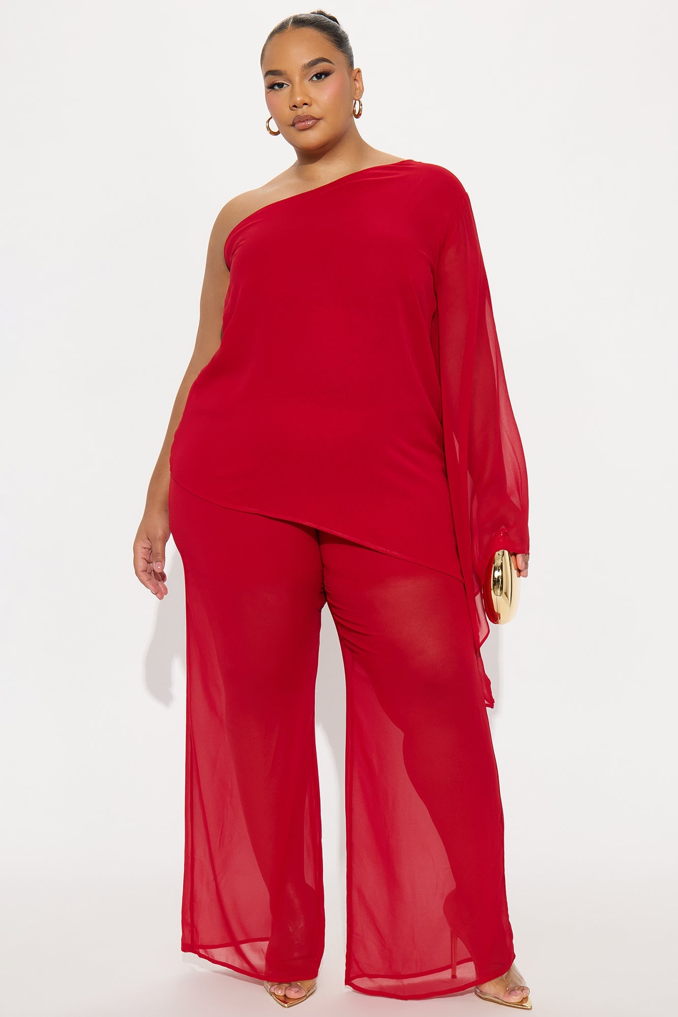 No Hard Feelings One Shoulder Chiffon Pant Set - Red 
