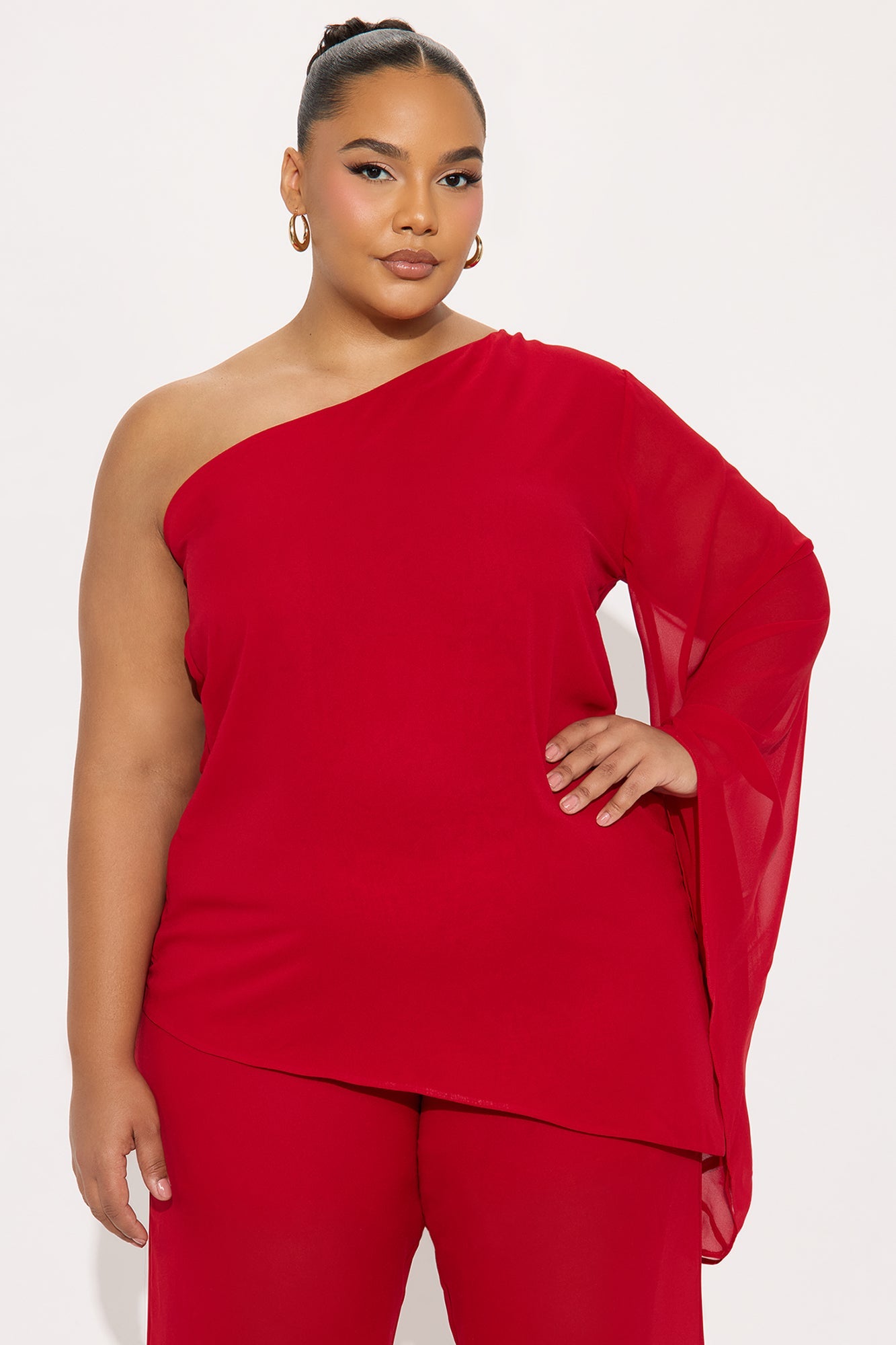 No Hard Feelings One Shoulder Chiffon Pant Set - Red 